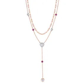 Layered Paper Clip Heart Moonstone Lariat Necklaces With White Sapphire