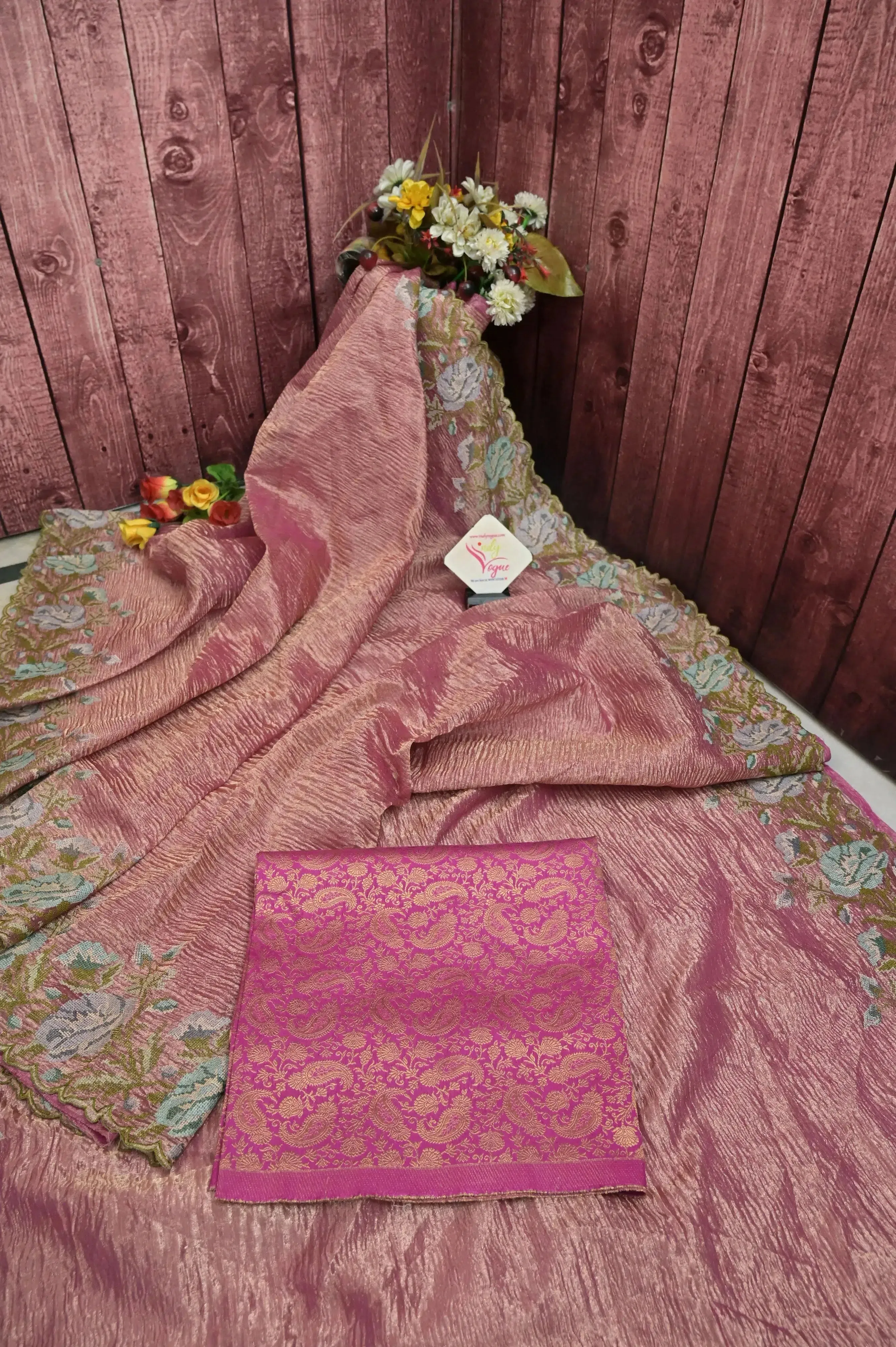 Light Blush Magenta Color Crush Tissue Silk Saree with Embroidery Work