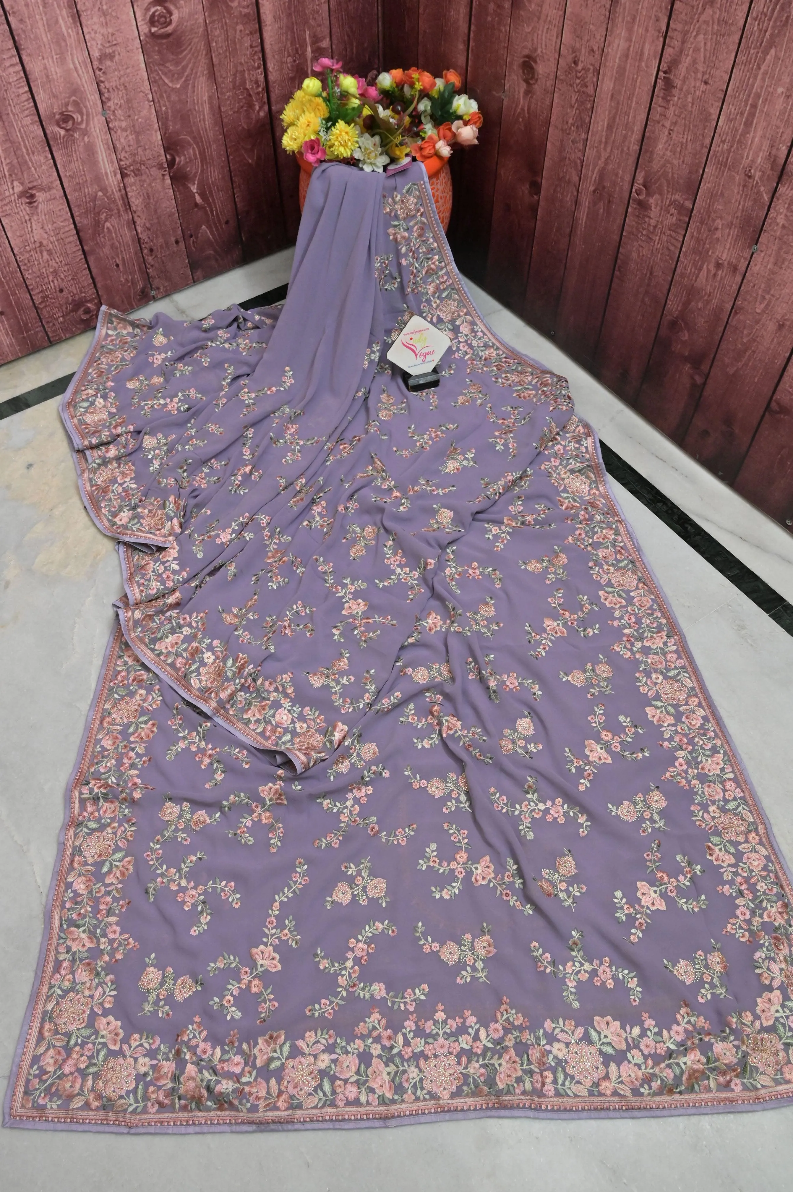 Light Lavender Color Chiffon Saree with Parsi Embroidery