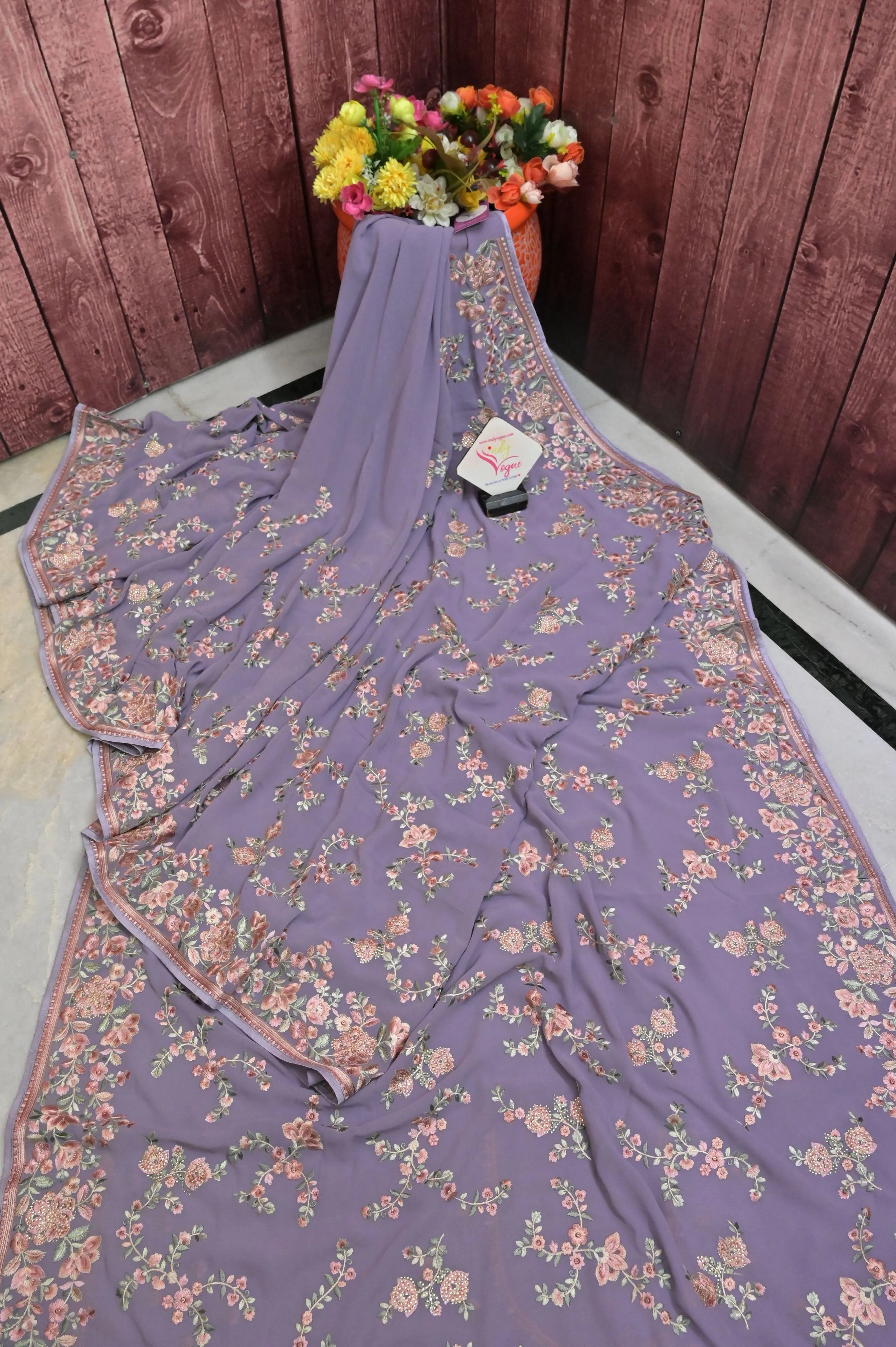 Light Lavender Color Chiffon Saree with Parsi Embroidery