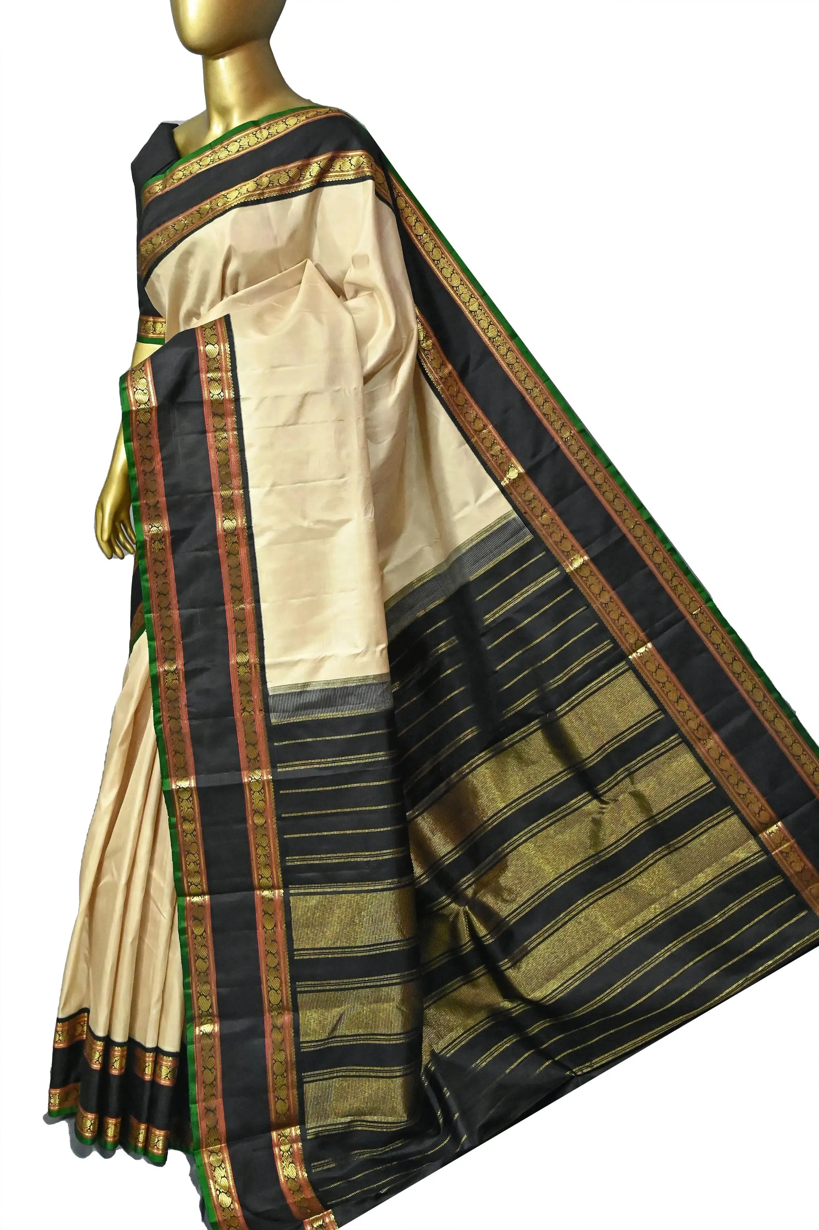 Light Sandal and Black Korvai Kanjeevaram Silk Saree with Gap Border