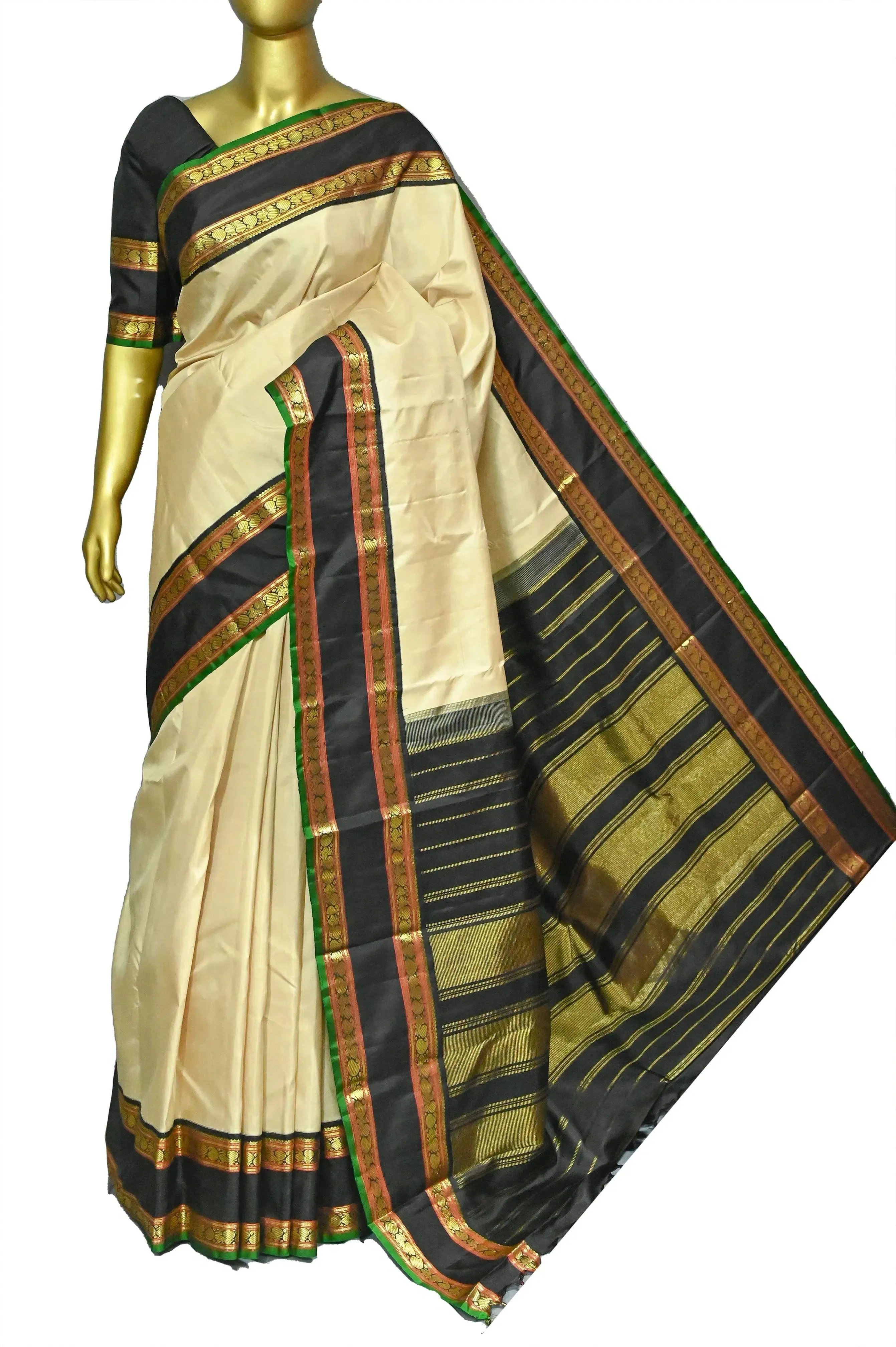 Light Sandal and Black Korvai Kanjeevaram Silk Saree with Gap Border