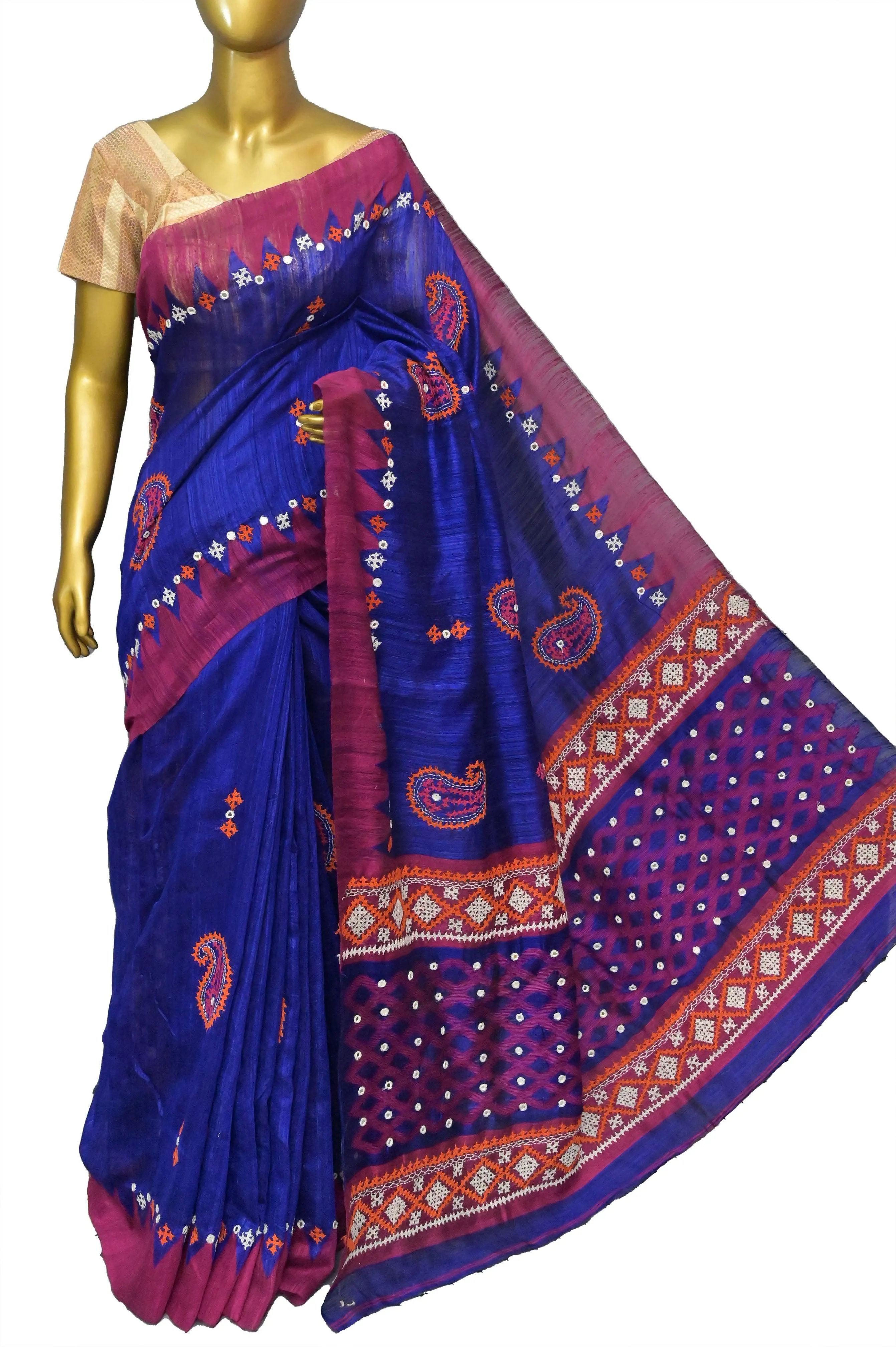 Magenta and Blue Color Matka Silk Saree with Hand Gujarati Embroidery and Mirror Work