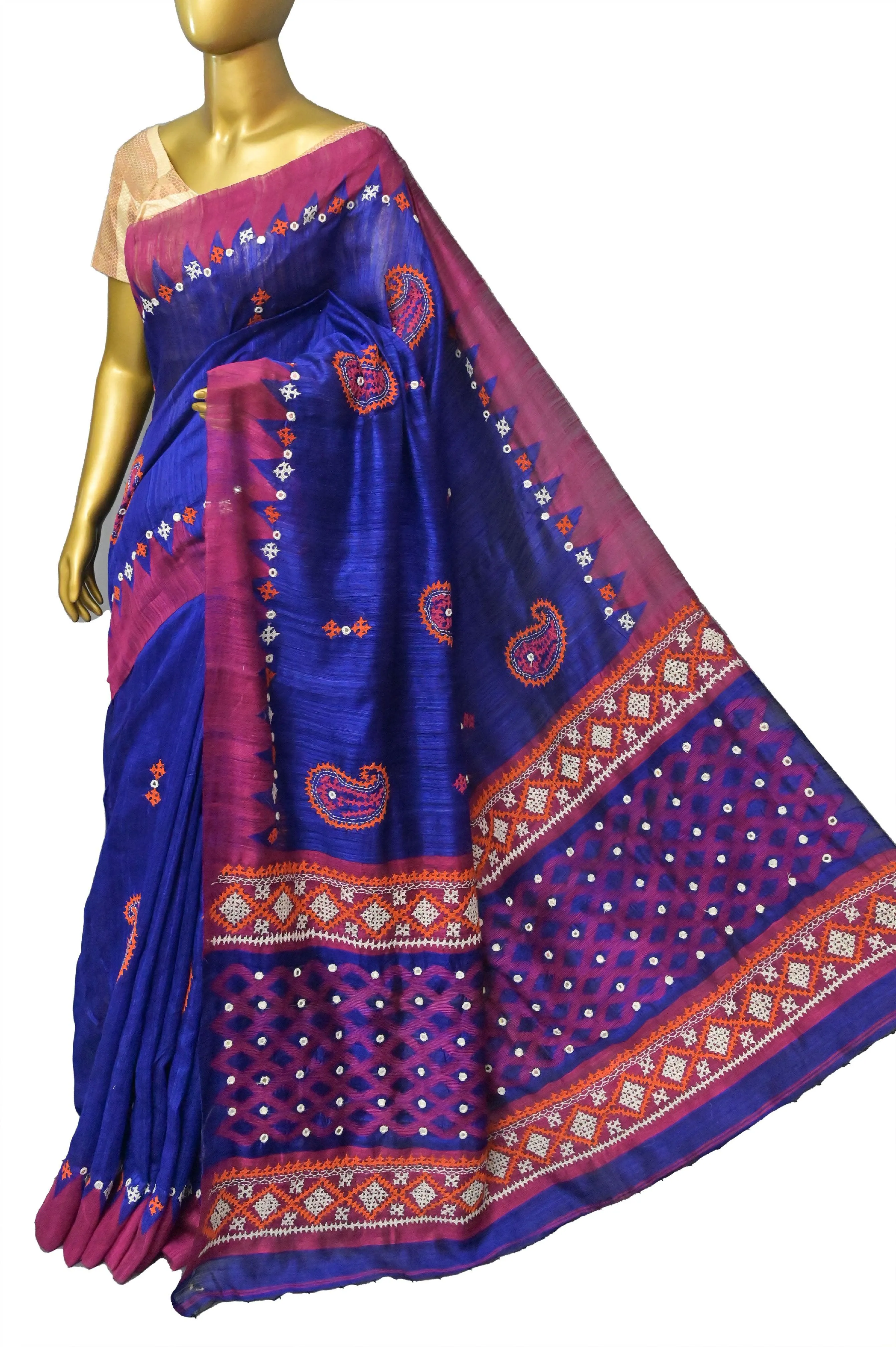 Magenta and Blue Color Matka Silk Saree with Hand Gujarati Embroidery and Mirror Work