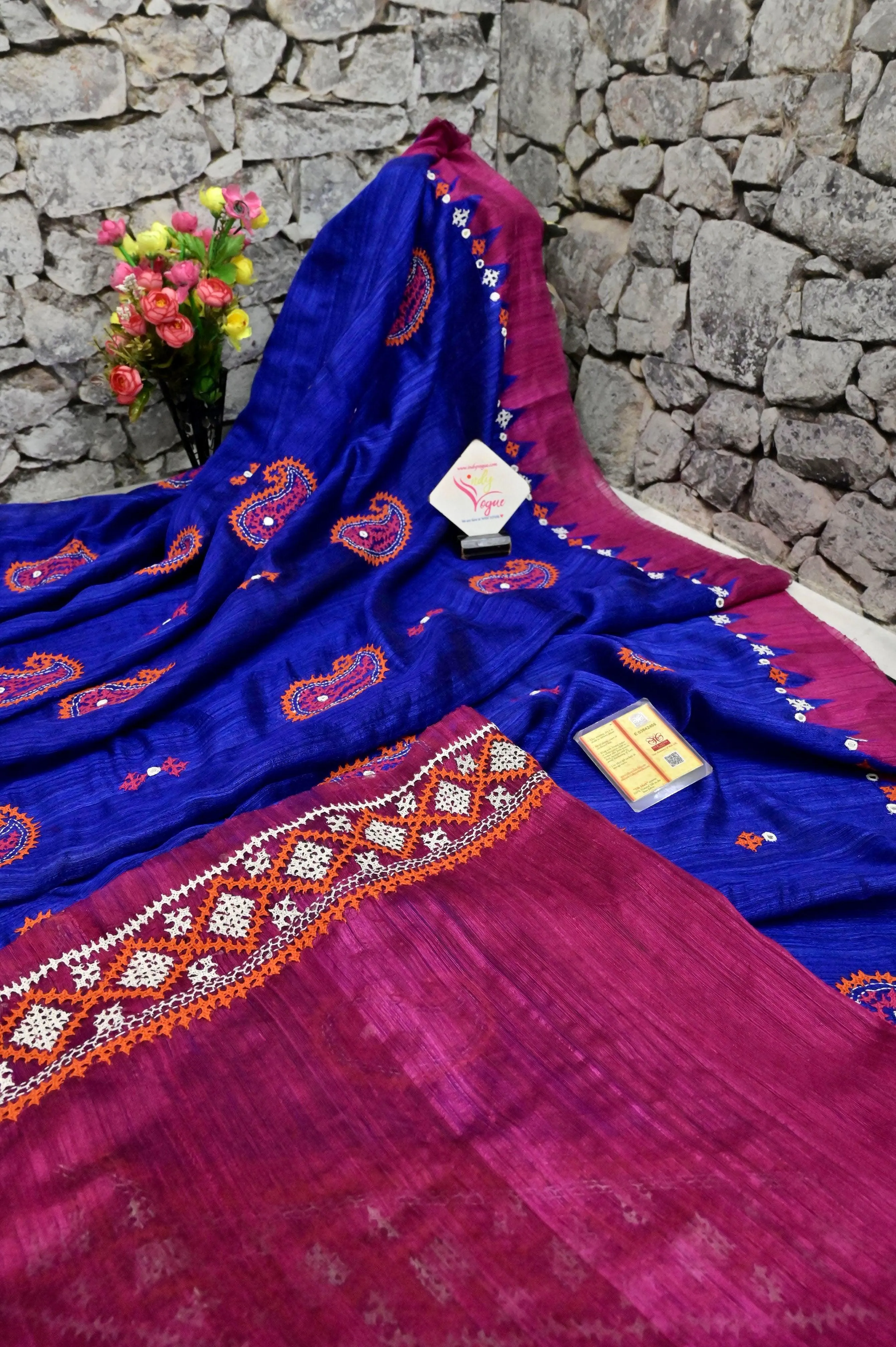 Magenta and Blue Color Matka Silk Saree with Hand Gujarati Embroidery and Mirror Work