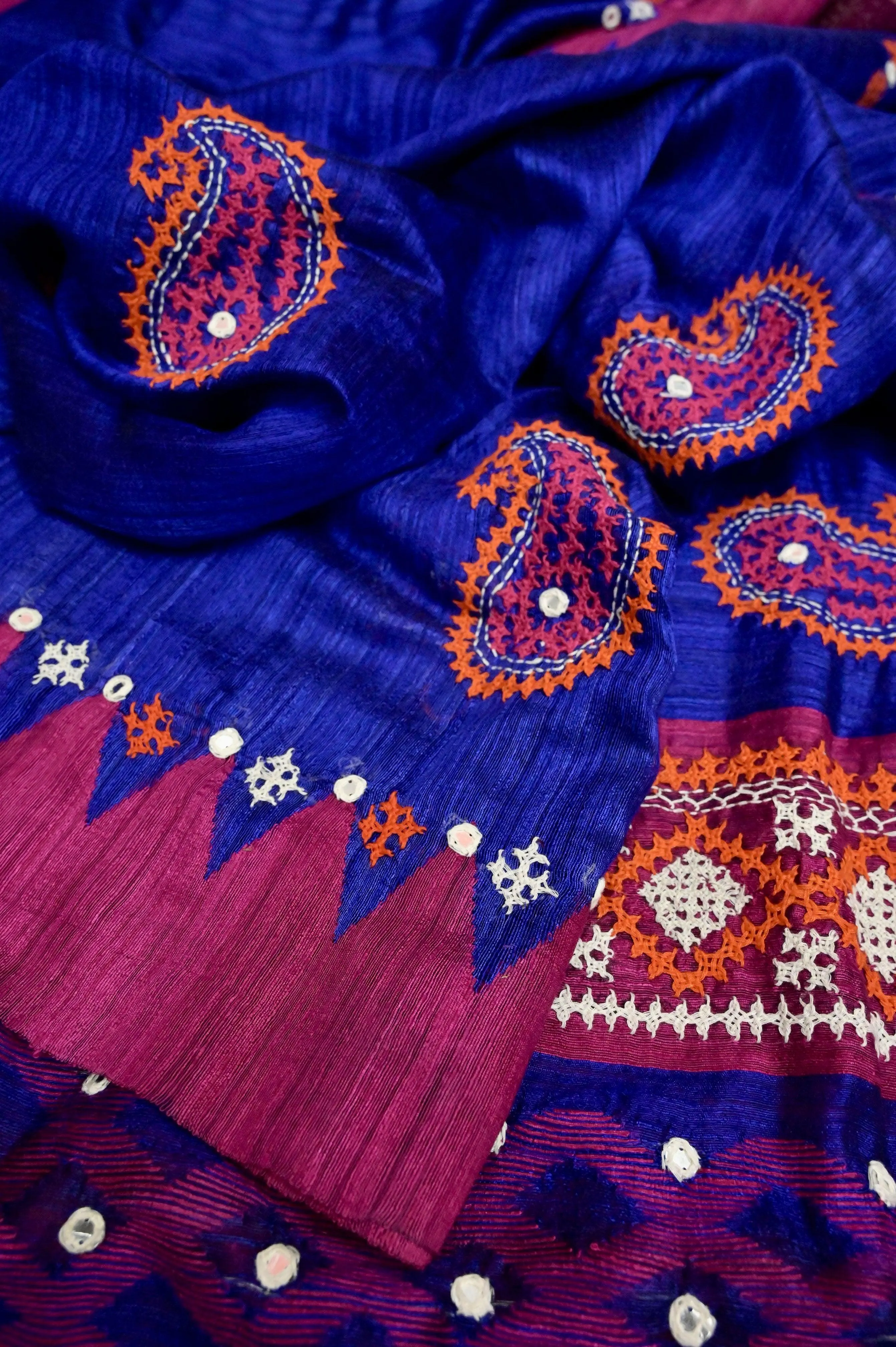 Magenta and Blue Color Matka Silk Saree with Hand Gujarati Embroidery and Mirror Work