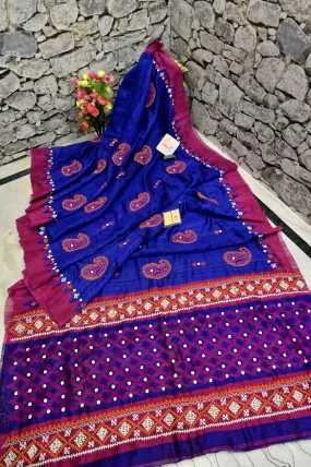 Magenta and Blue Color Matka Silk Saree with Hand Gujarati Embroidery and Mirror Work