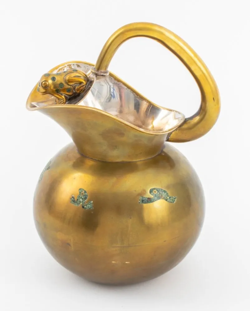 Mexican Mixed Metal Stone Inlaid Pitcher with Frog