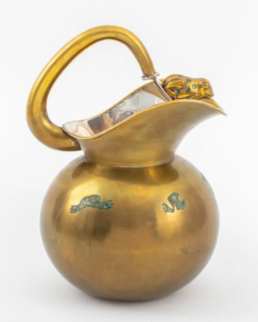 Mexican Mixed Metal Stone Inlaid Pitcher with Frog