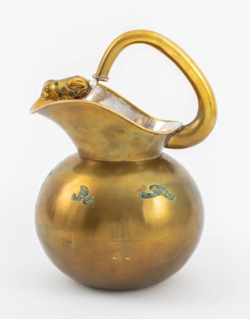 Mexican Mixed Metal Stone Inlaid Pitcher with Frog