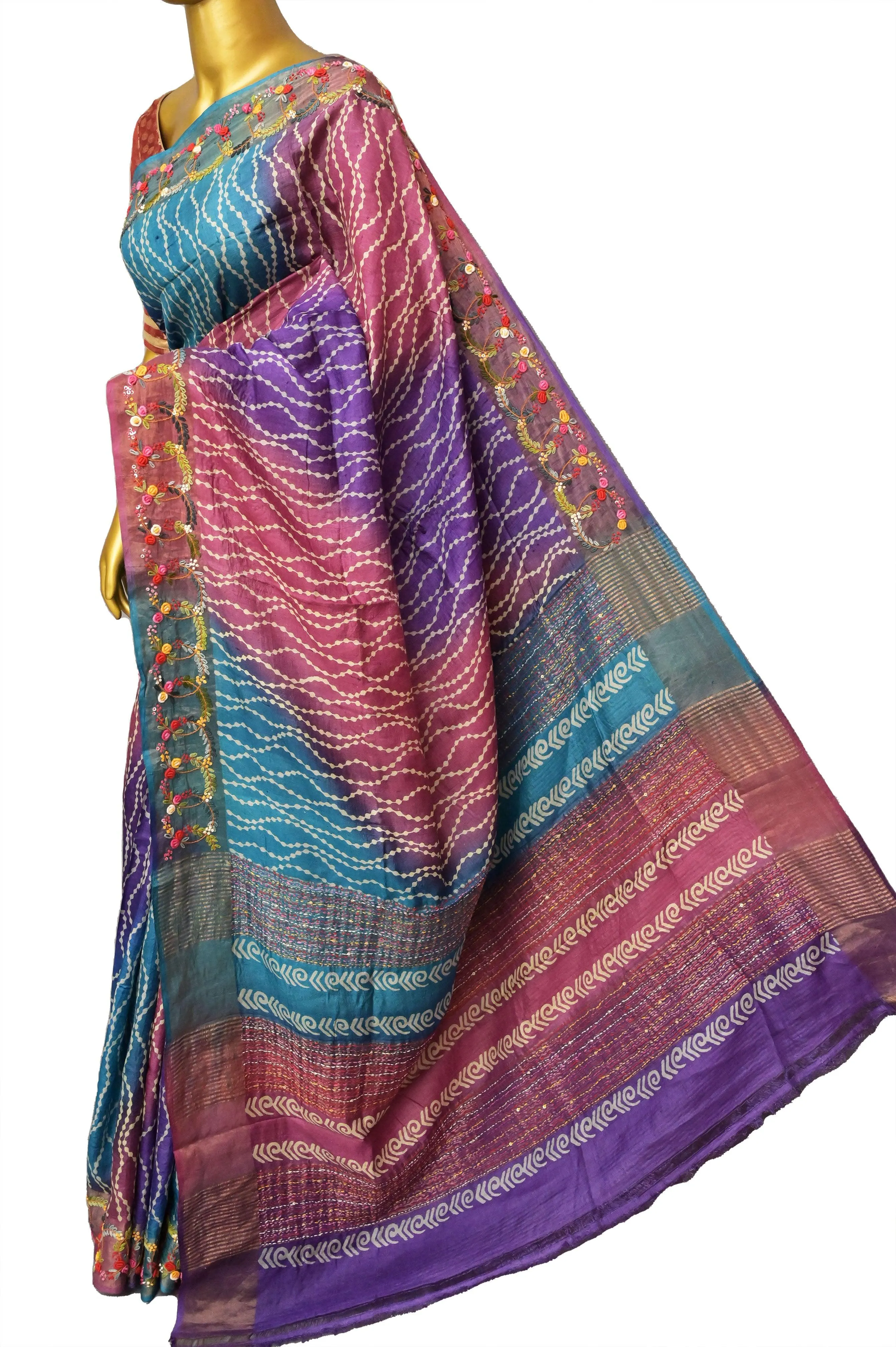 Multicolor Pure Tussar Silk with Hand Dye and Hand Kantha Stitch with French Knot