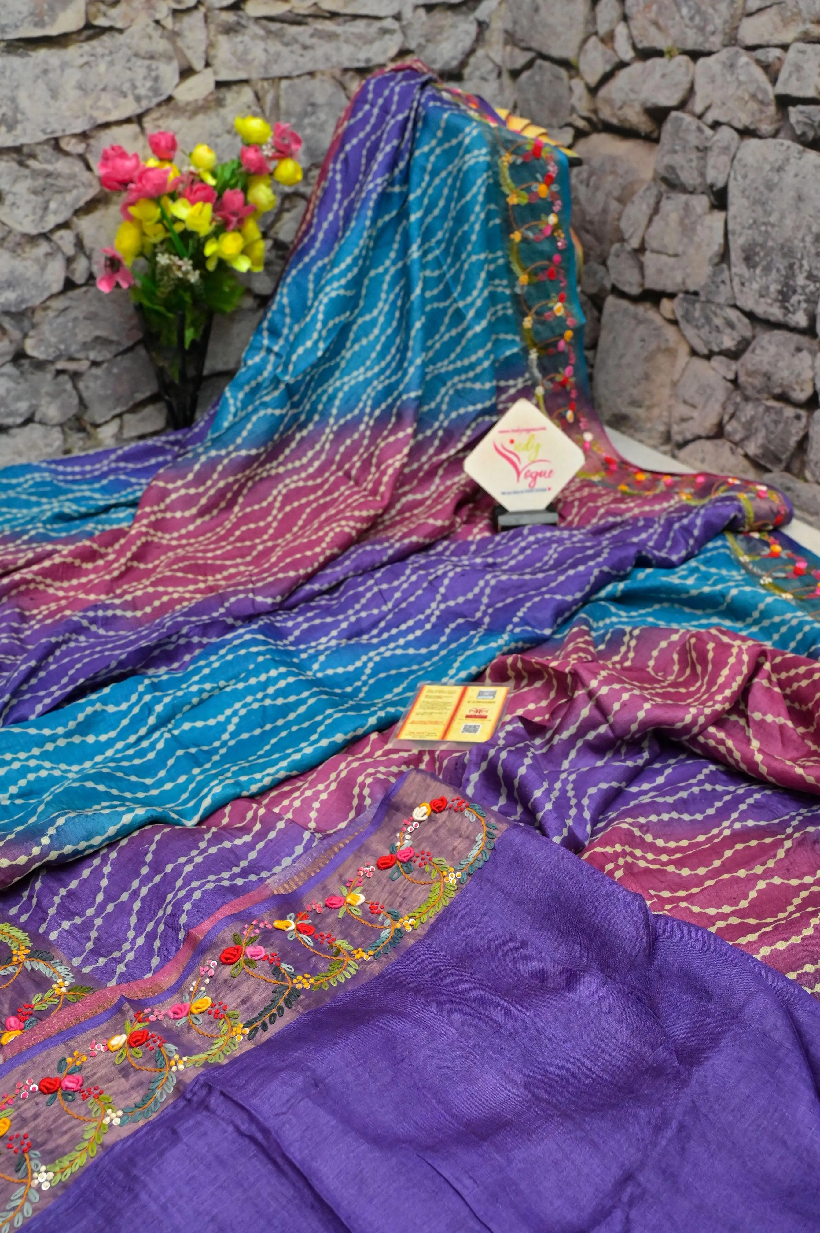 Multicolor Pure Tussar Silk with Hand Dye and Hand Kantha Stitch with French Knot