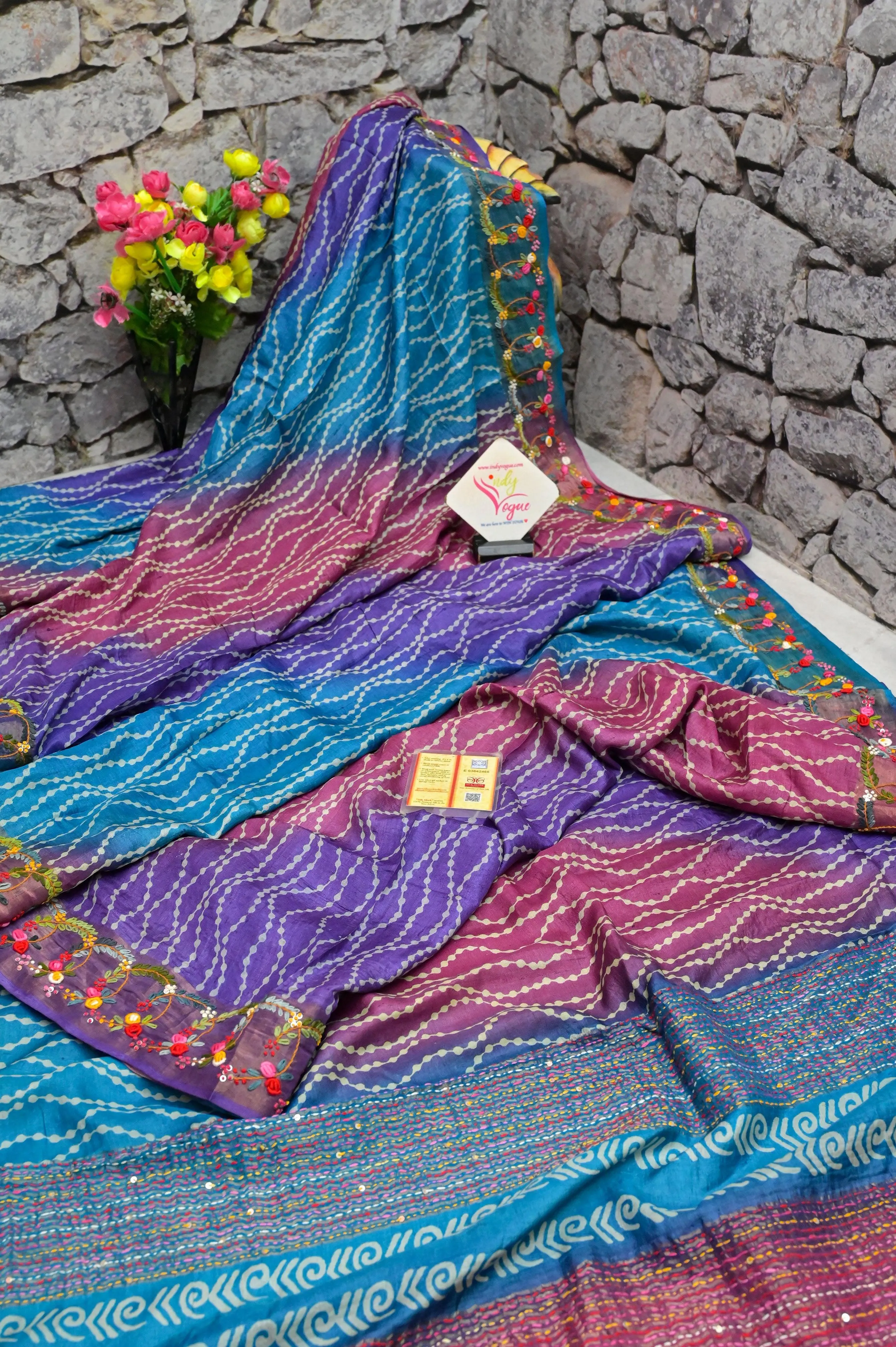 Multicolor Pure Tussar Silk with Hand Dye and Hand Kantha Stitch with French Knot