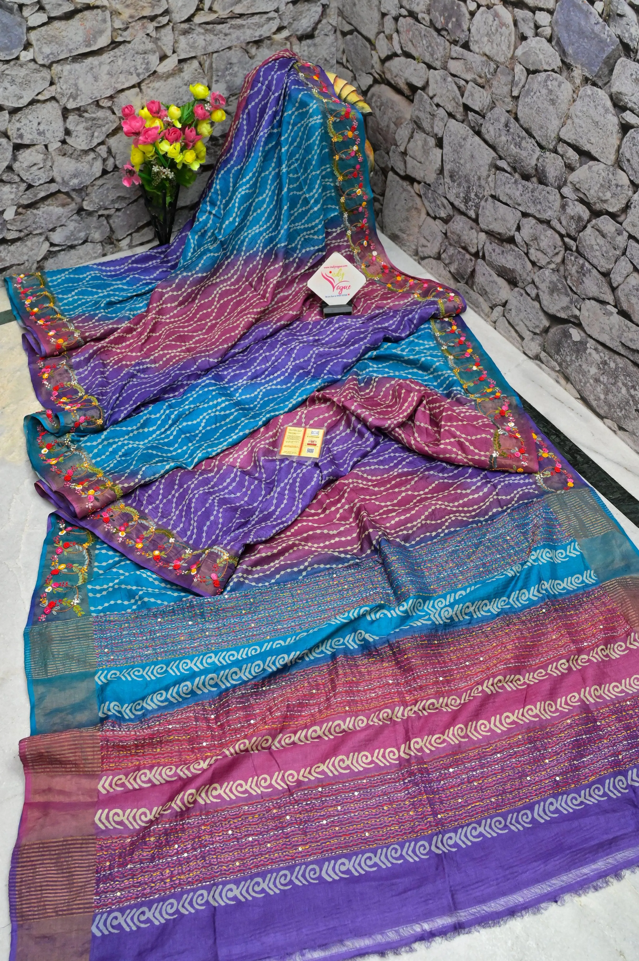 Multicolor Pure Tussar Silk with Hand Dye and Hand Kantha Stitch with French Knot