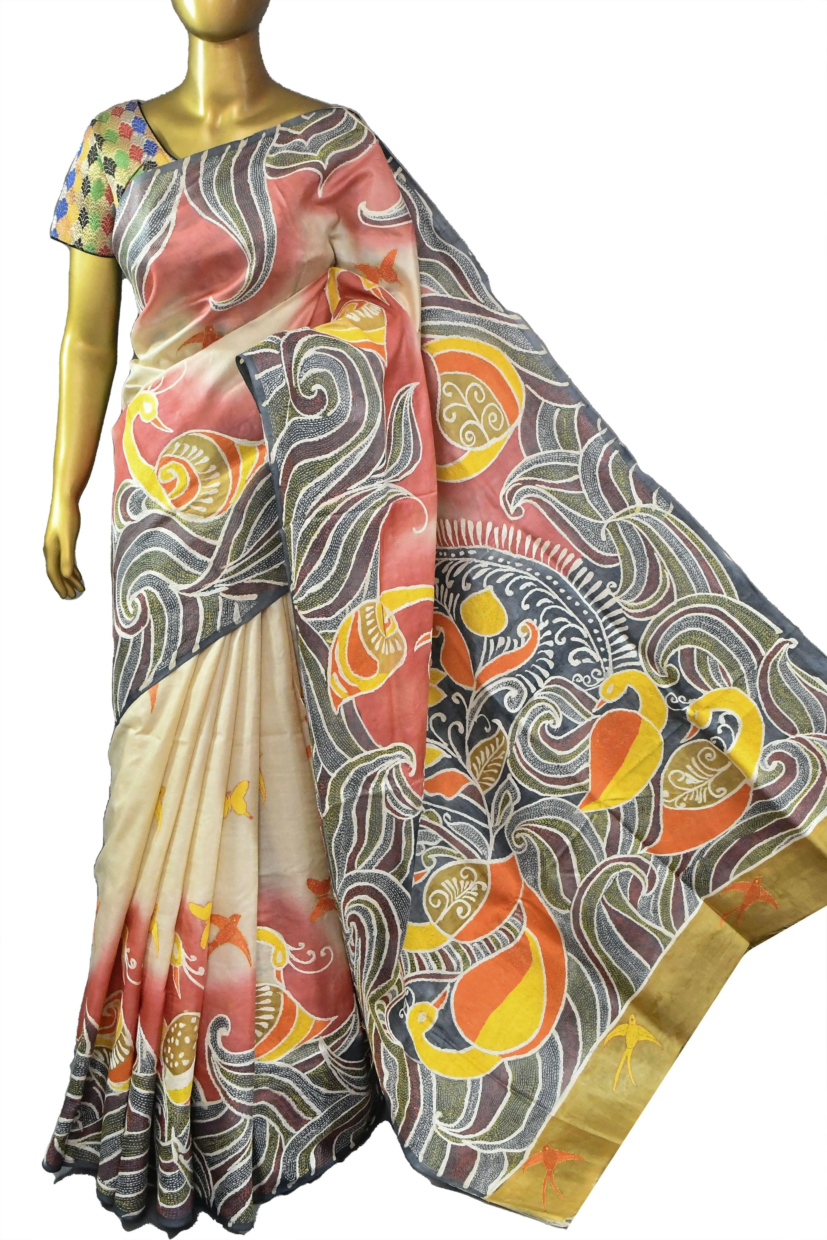 Multicolor Tussar Silk Saree with Hand Batik and Hand Kantha Embroidery Work