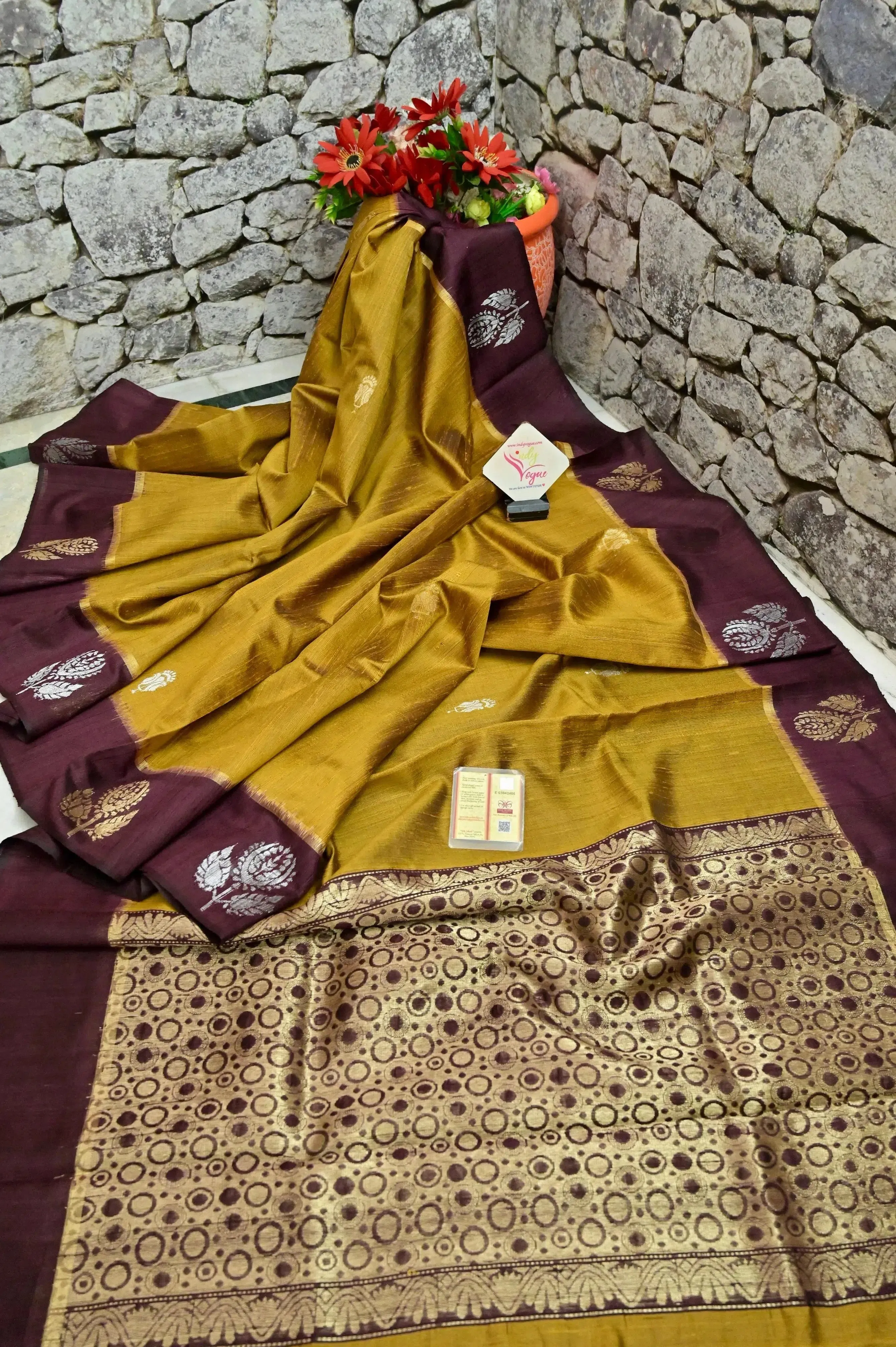 Mustard Yellow and Wine Color Raw Silk Saree with Silver & Golden Buti Border