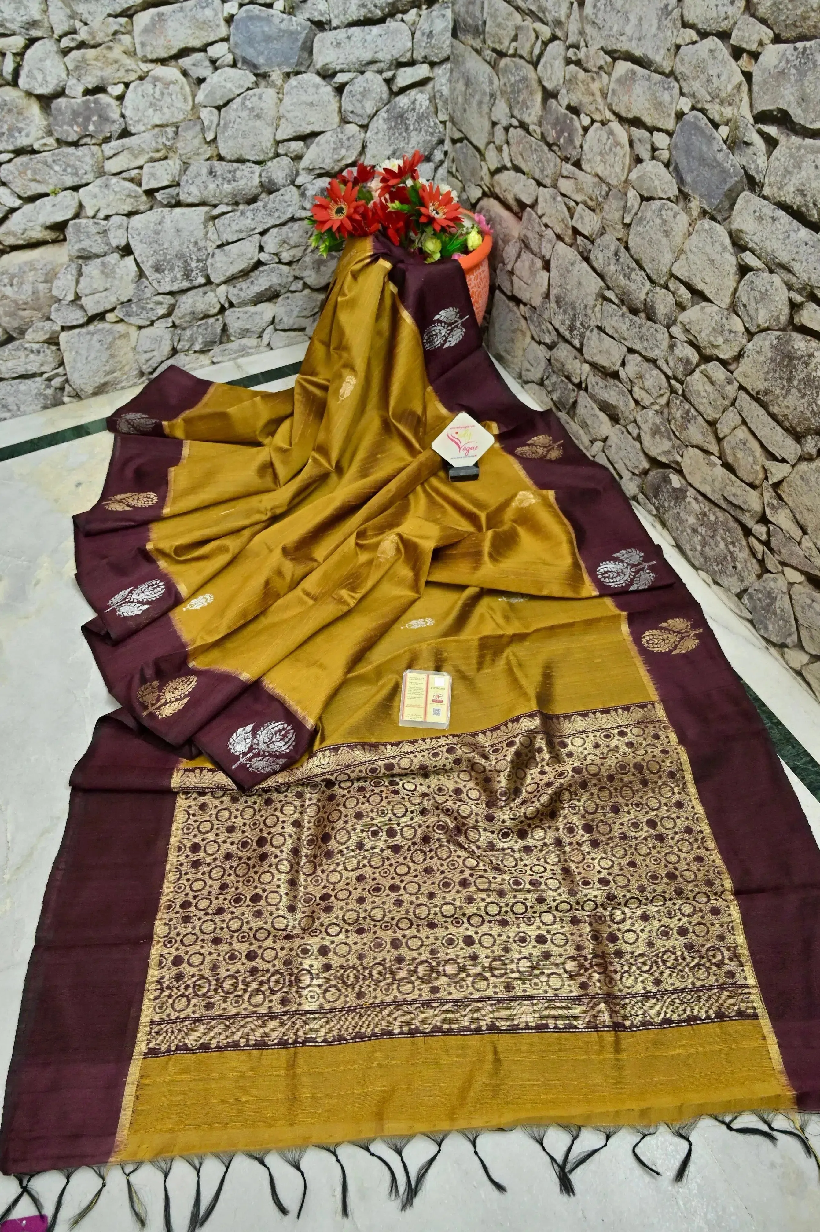 Mustard Yellow and Wine Color Raw Silk Saree with Silver & Golden Buti Border