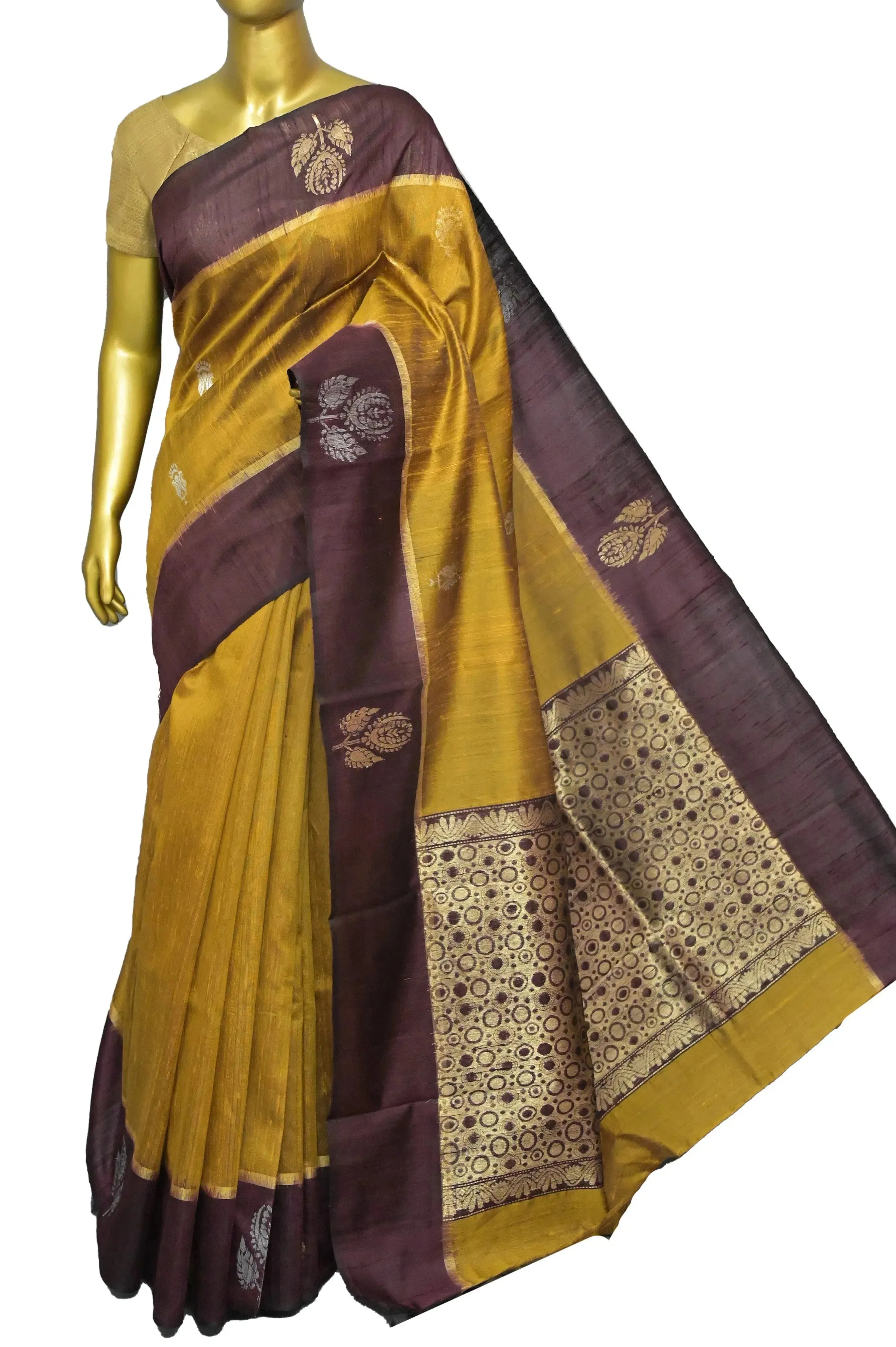 Mustard Yellow and Wine Color Raw Silk Saree with Silver & Golden Buti Border