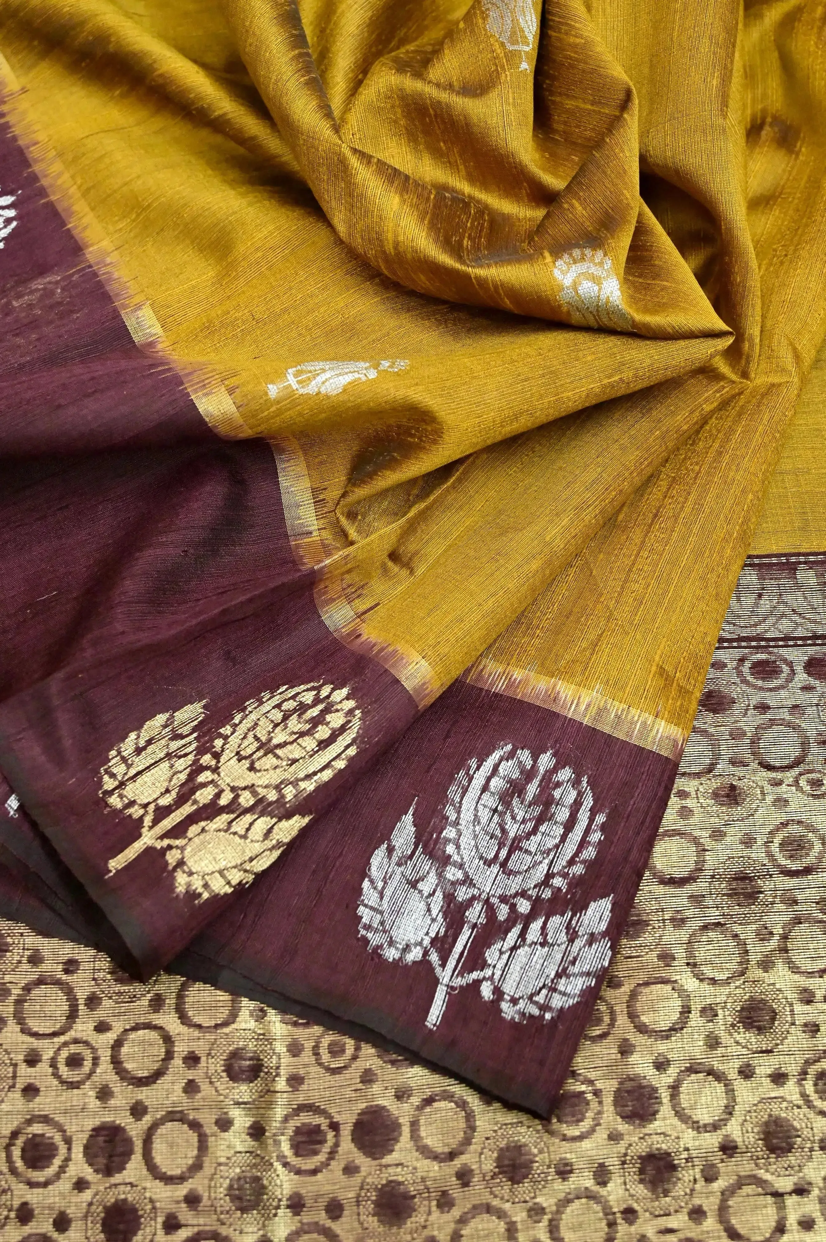 Mustard Yellow and Wine Color Raw Silk Saree with Silver & Golden Buti Border