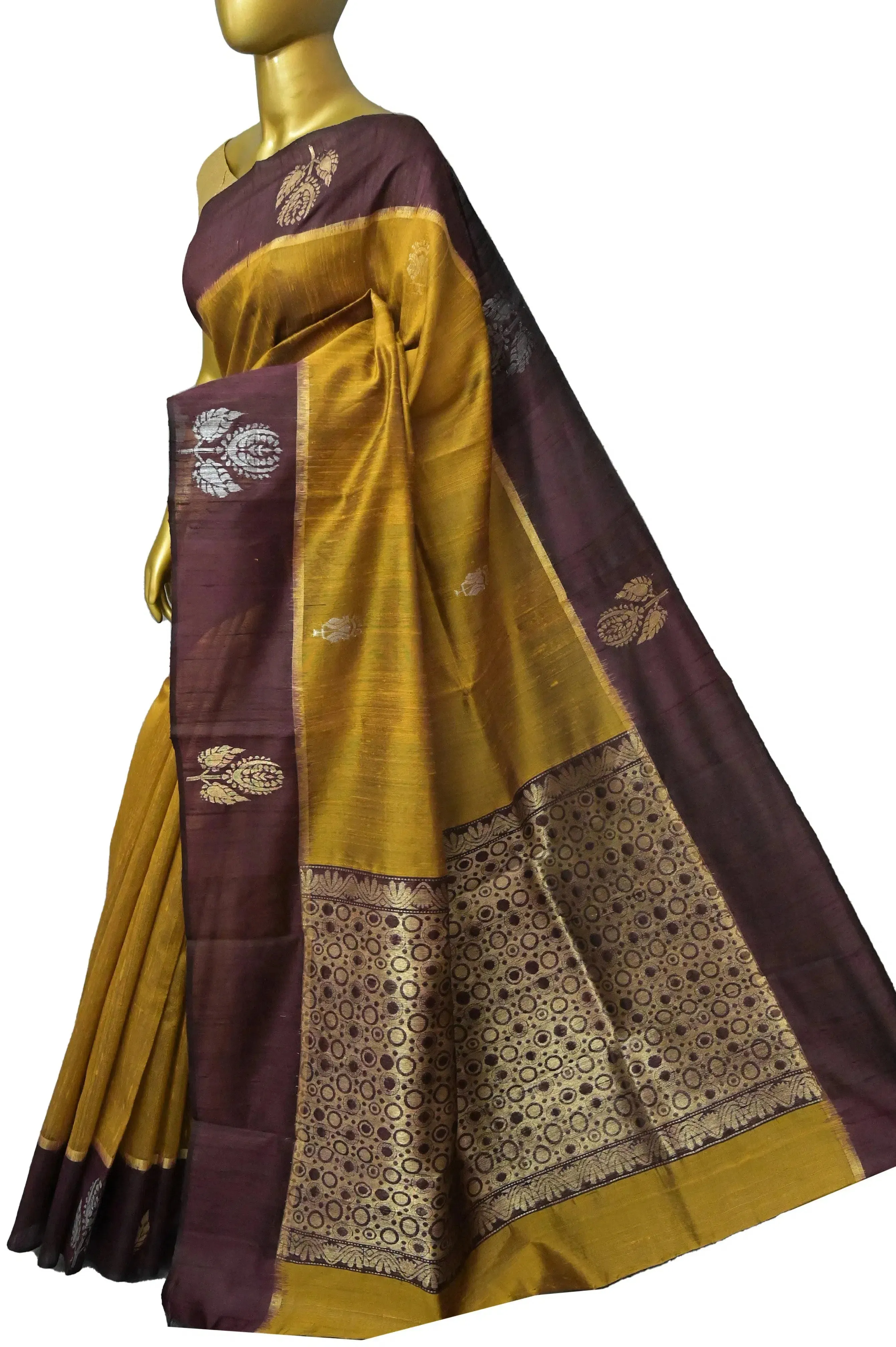 Mustard Yellow and Wine Color Raw Silk Saree with Silver & Golden Buti Border