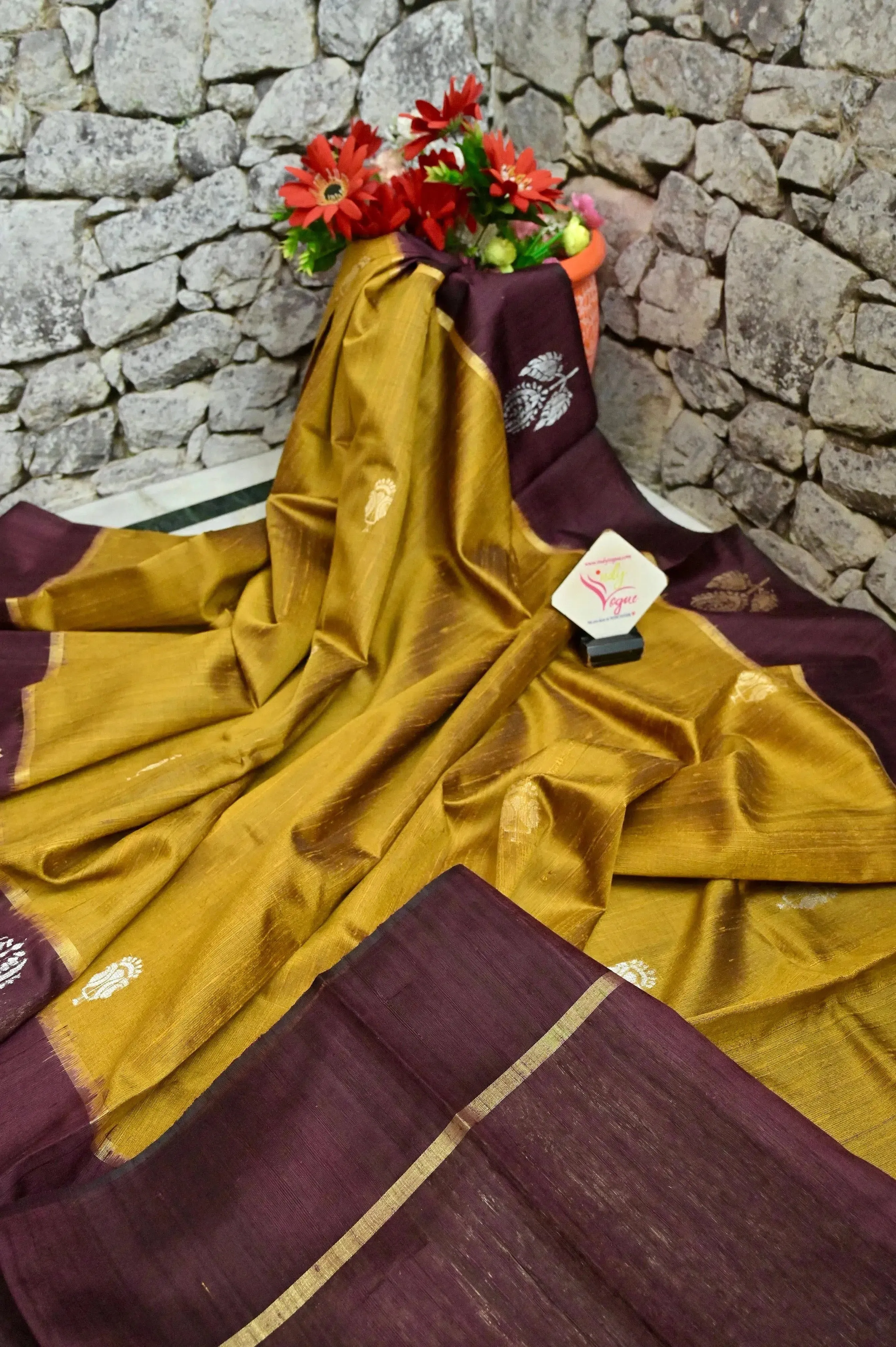 Mustard Yellow and Wine Color Raw Silk Saree with Silver & Golden Buti Border