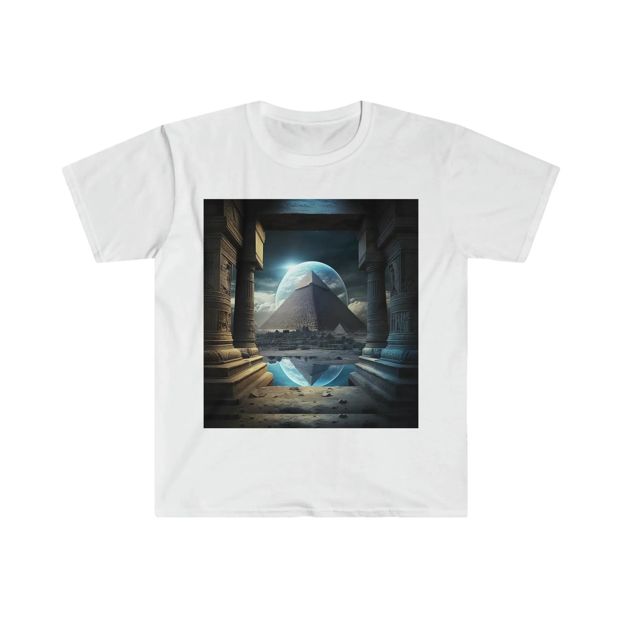 Mystic Eclipse: Egyptian Pyramid AI Art T-shirt -Men's and Women's Unisex Softstyle Shirt - Festival Urban Street Wear v2.0