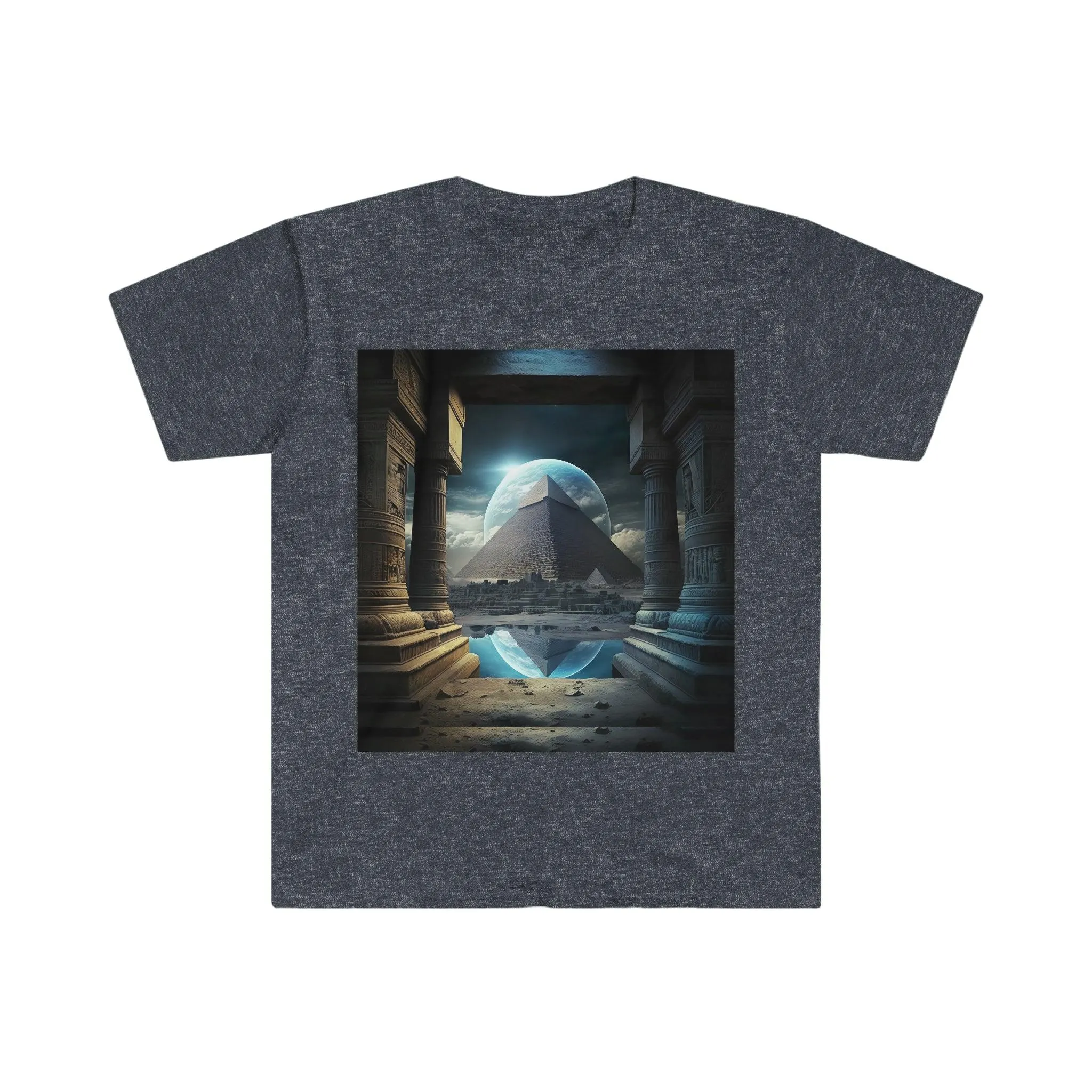 Mystic Eclipse: Egyptian Pyramid AI Art T-shirt -Men's and Women's Unisex Softstyle Shirt - Festival Urban Street Wear v2.0