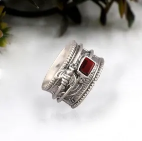 Natural Red Garnet Spinner 925 Sterling Silver Ring, Handmade Honey Bee Meditation Jewelry, Gift for Her