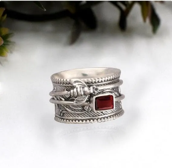 Natural Red Garnet Spinner 925 Sterling Silver Ring, Handmade Honey Bee Meditation Jewelry, Gift for Her