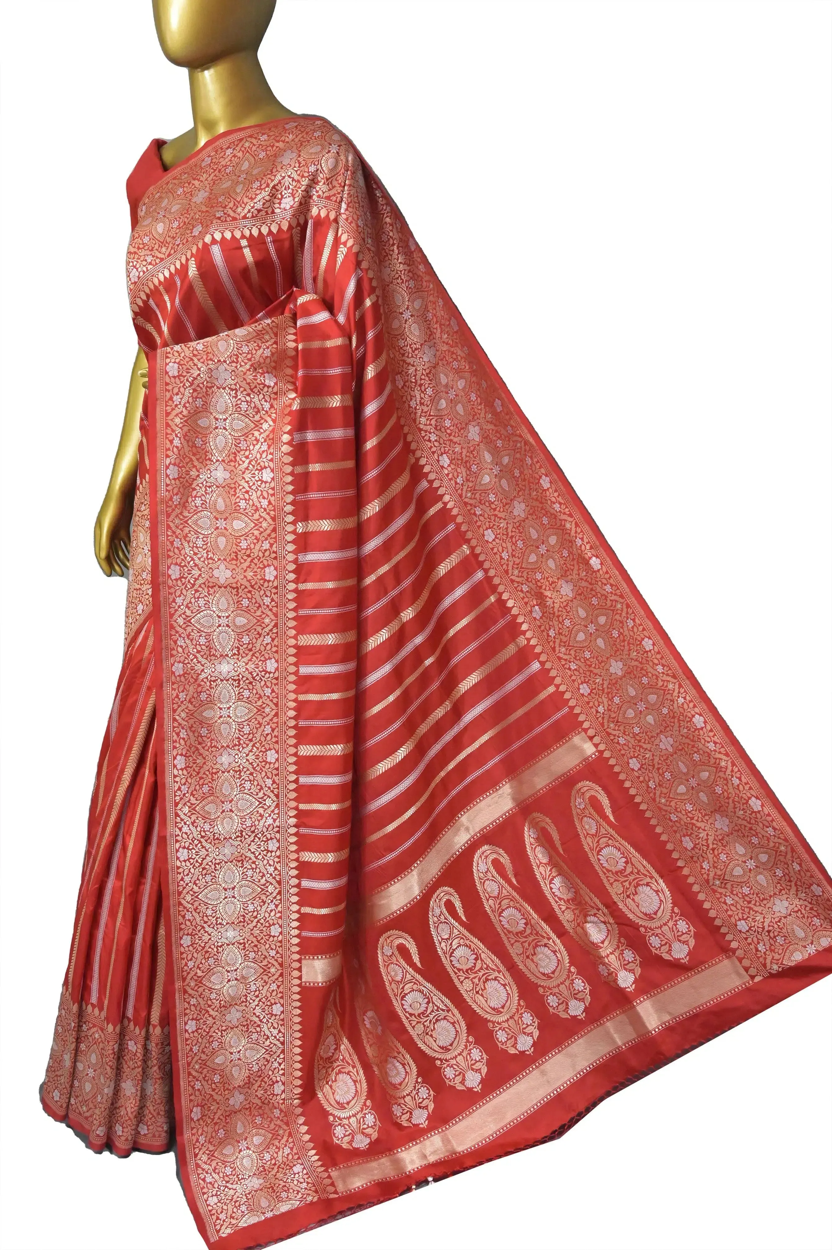 Natural Red Katan Banarasi Saree with Silver and Golden Zari Weaving with Vertical Stripes