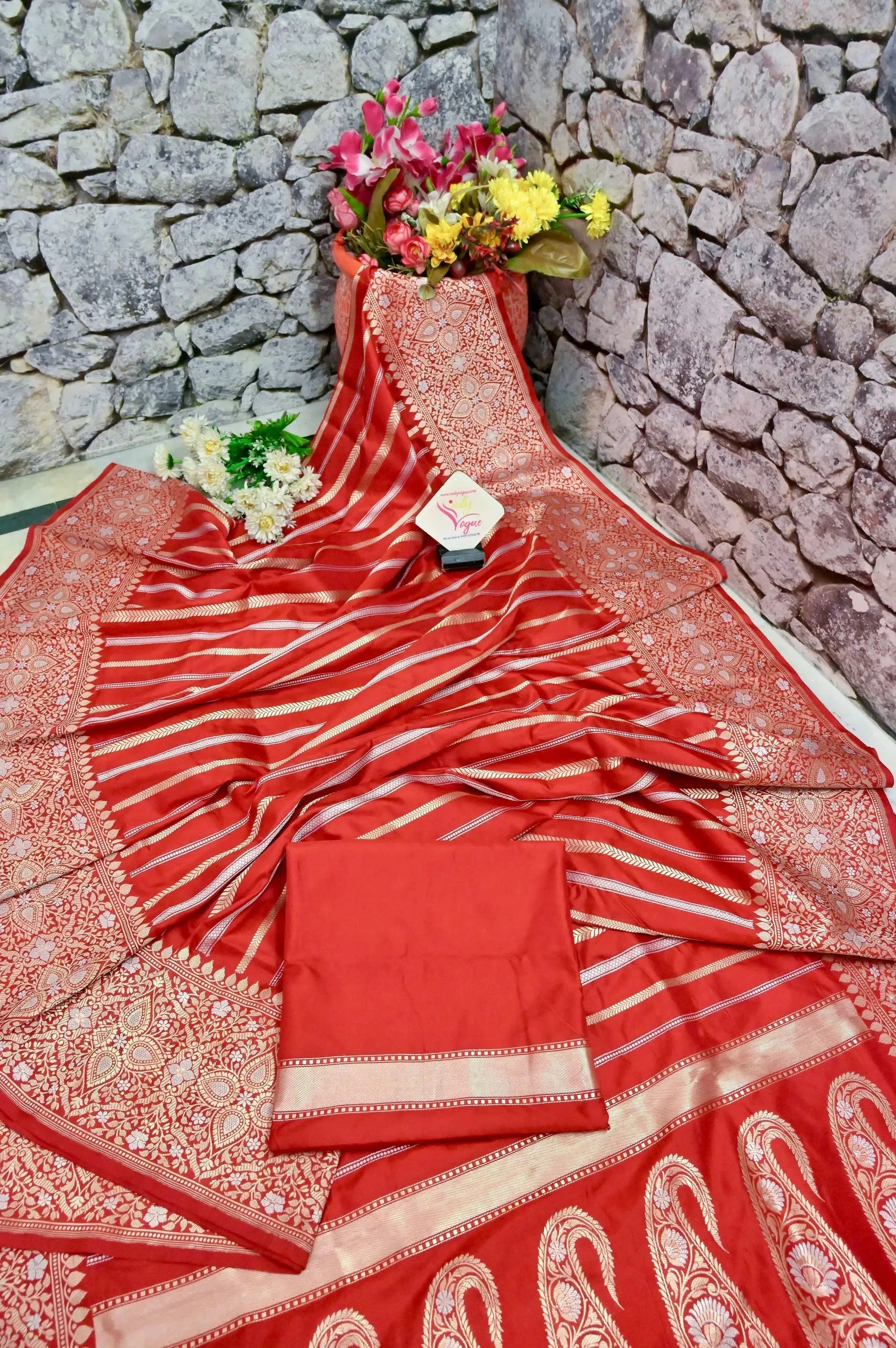 Natural Red Katan Banarasi Saree with Silver and Golden Zari Weaving with Vertical Stripes