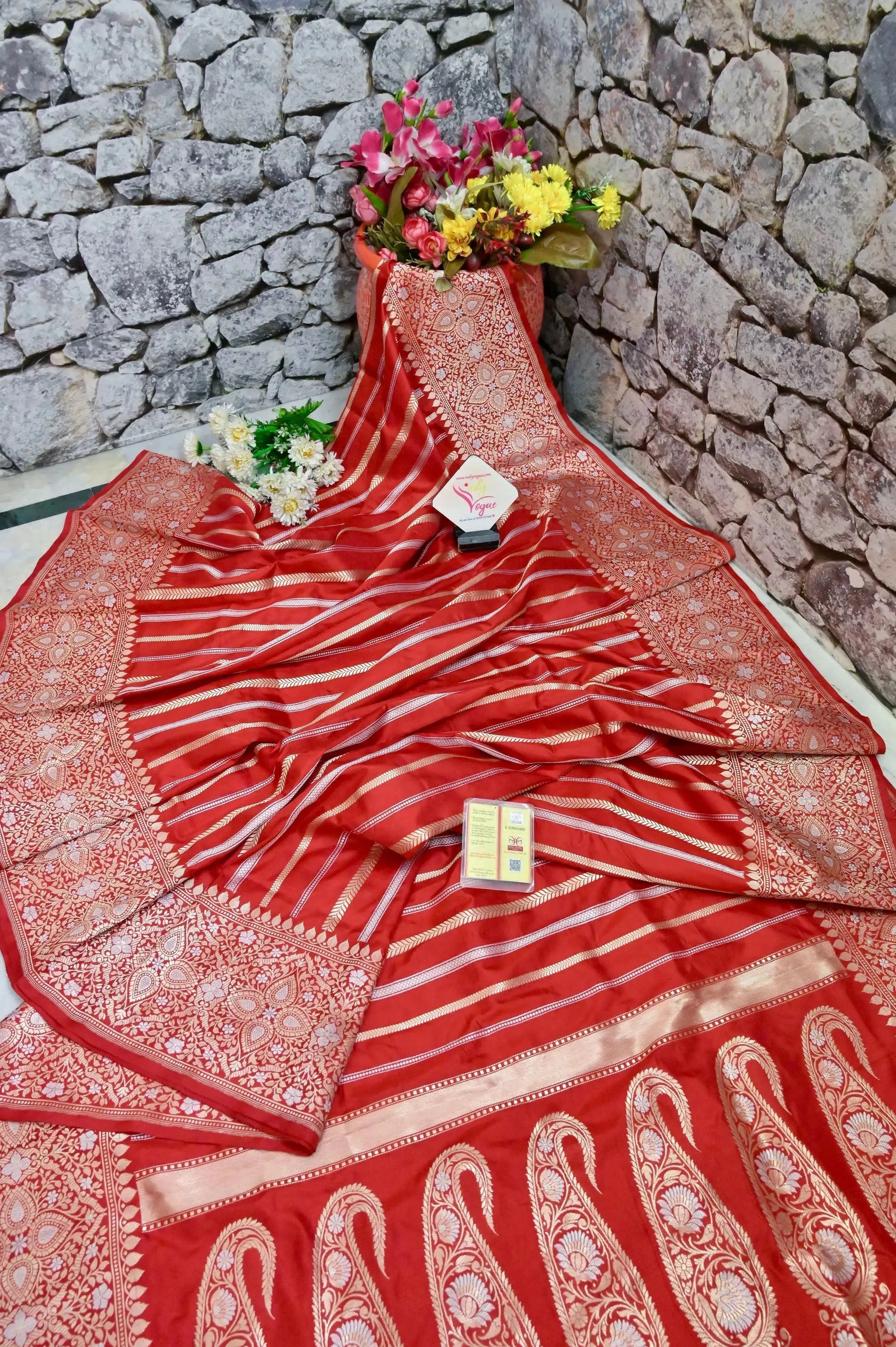 Natural Red Katan Banarasi Saree with Silver and Golden Zari Weaving with Vertical Stripes