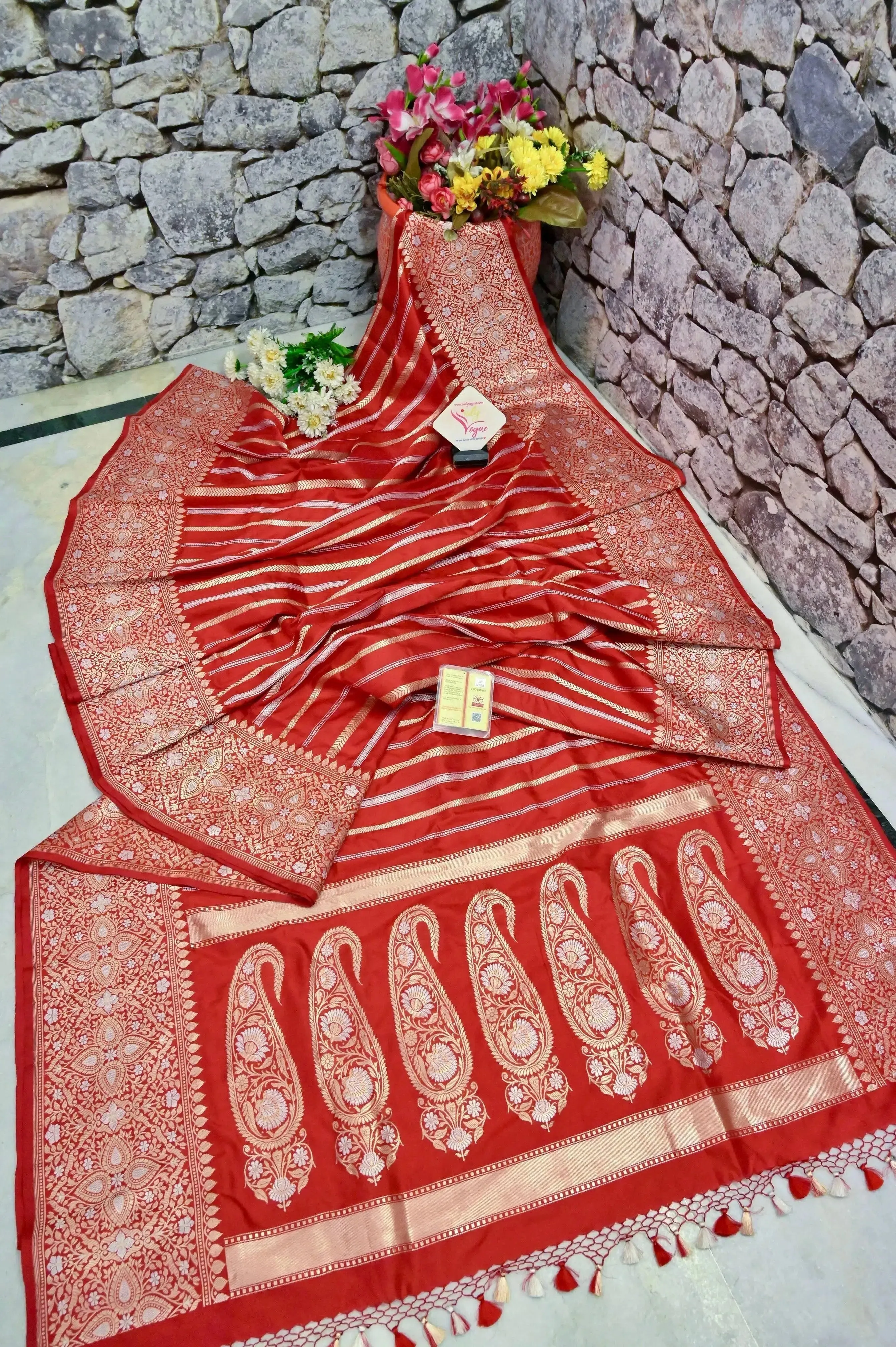 Natural Red Katan Banarasi Saree with Silver and Golden Zari Weaving with Vertical Stripes