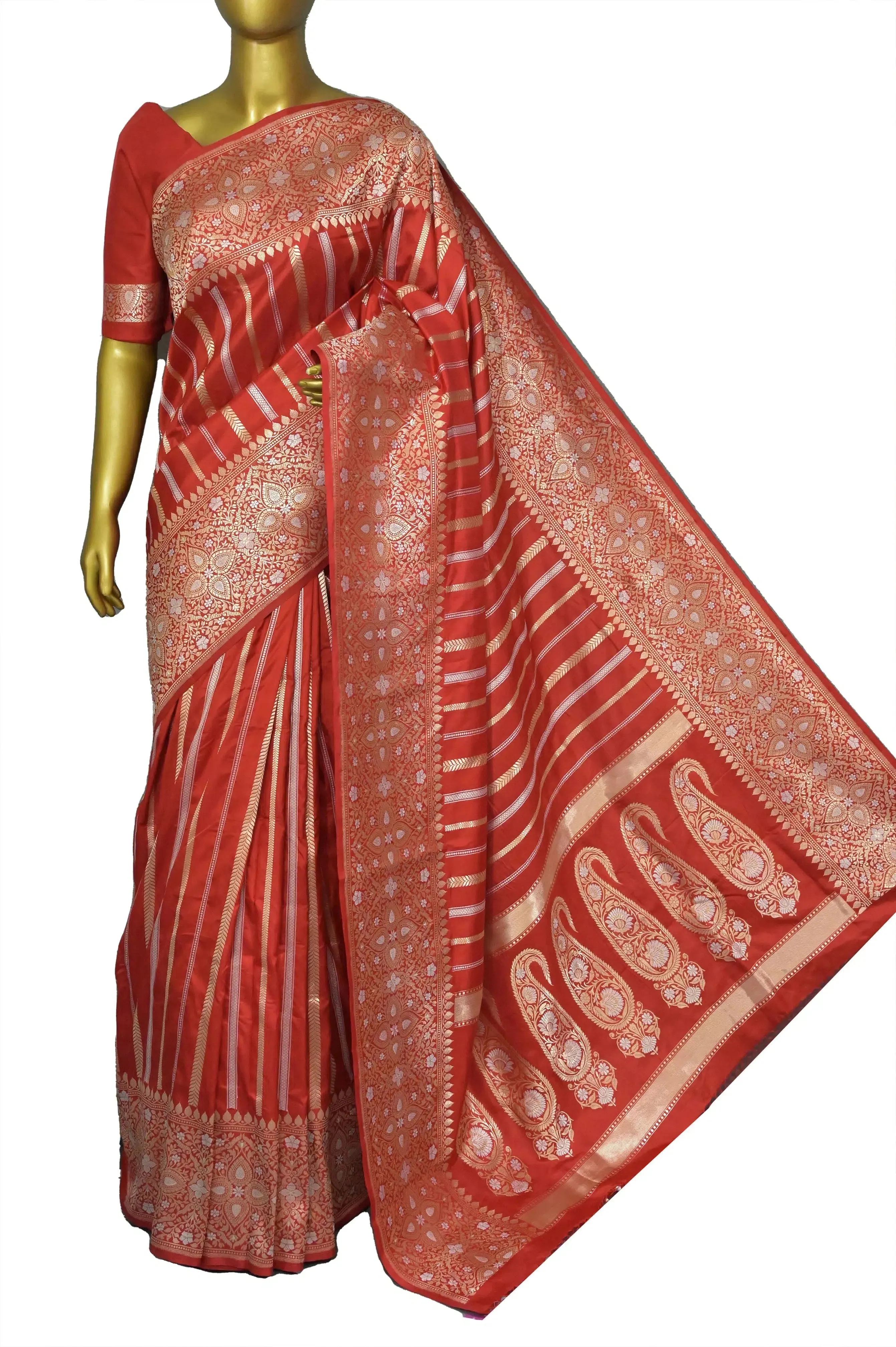 Natural Red Katan Banarasi Saree with Silver and Golden Zari Weaving with Vertical Stripes