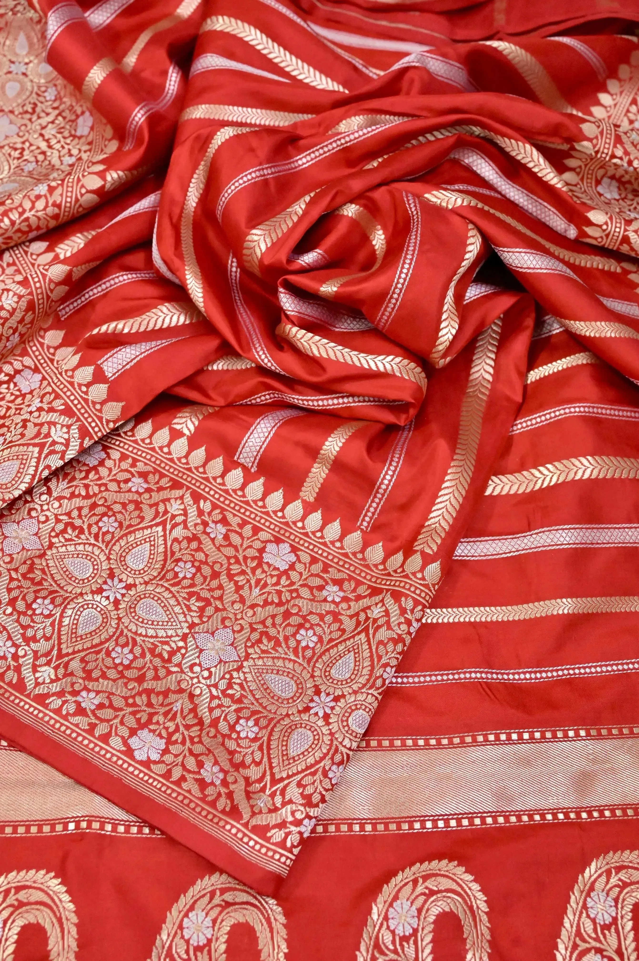 Natural Red Katan Banarasi Saree with Silver and Golden Zari Weaving with Vertical Stripes