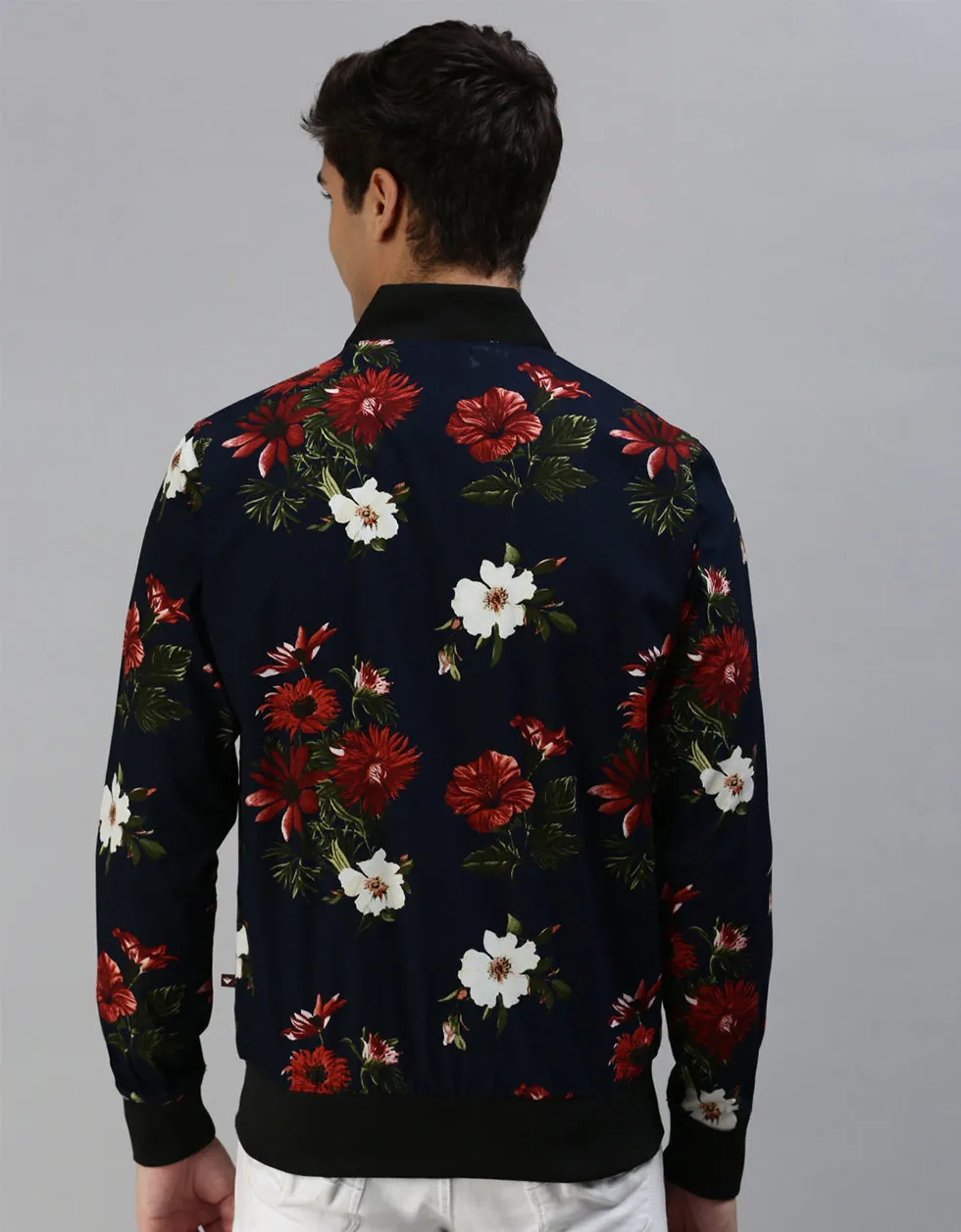 Navy Blue Floral Printed Shacket for Men