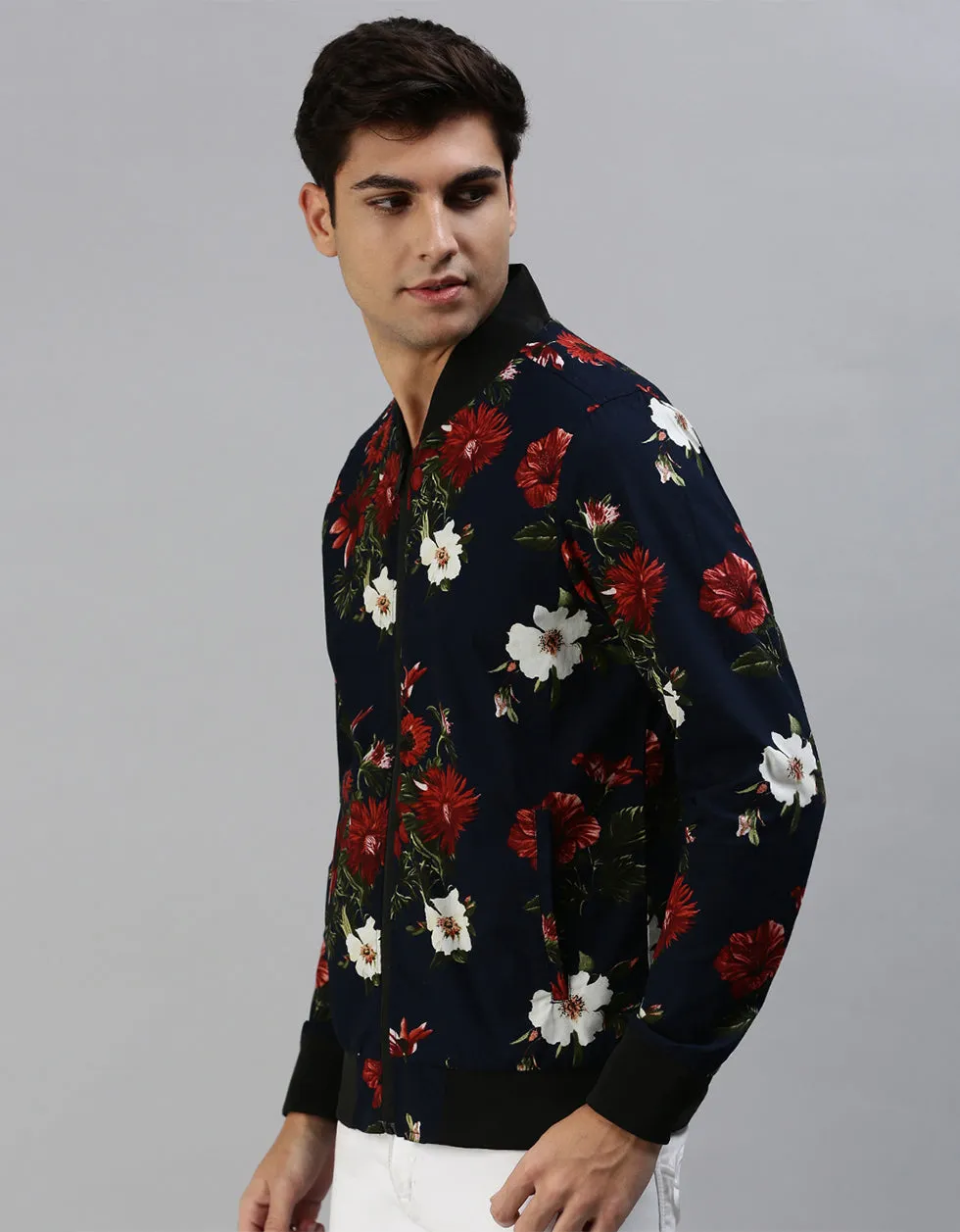 Navy Blue Floral Printed Shacket for Men