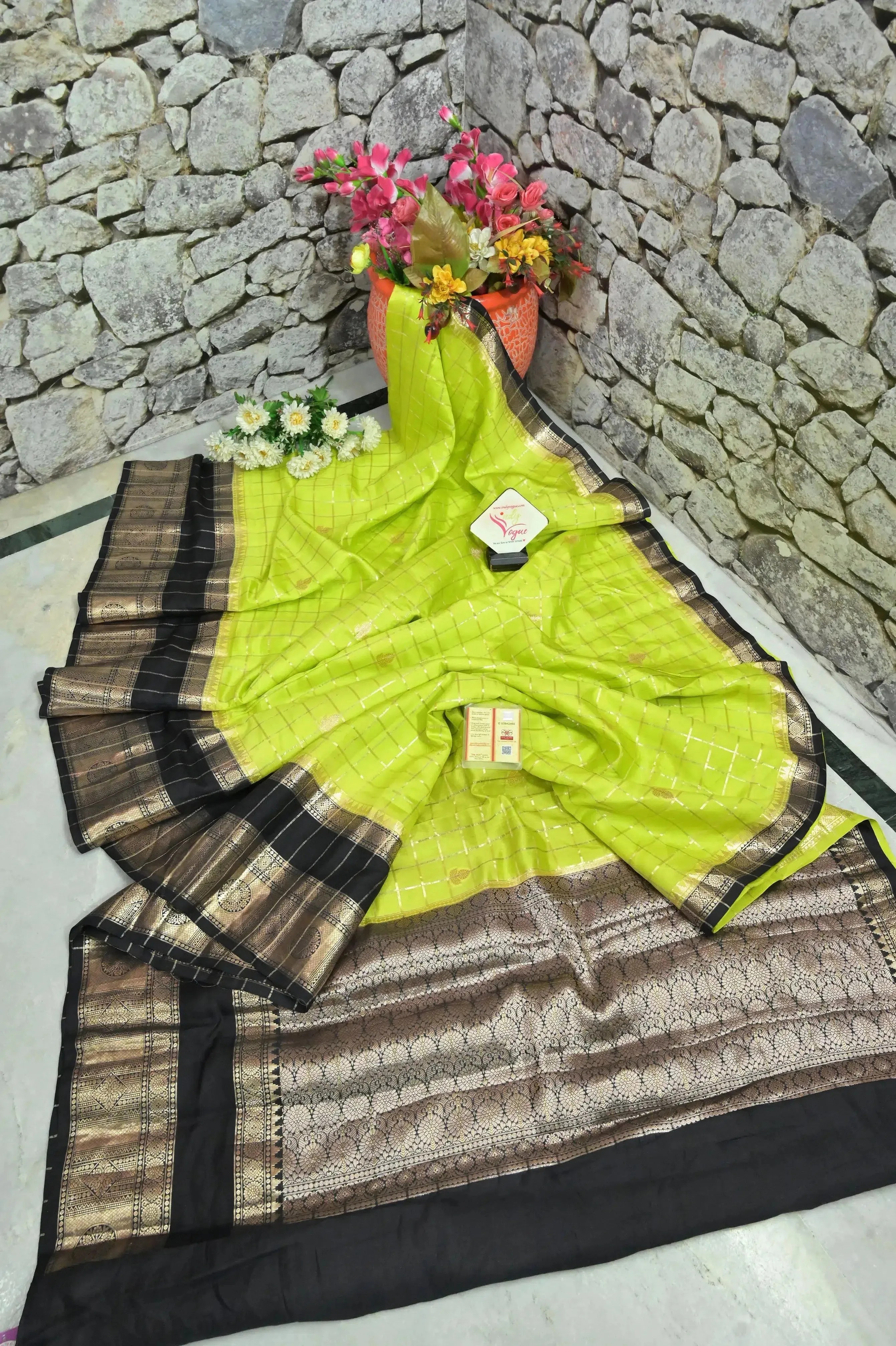 Neon Green Color Mango Silk Banarasi Saree with Silver and Golden Zari Checks and Broad Border