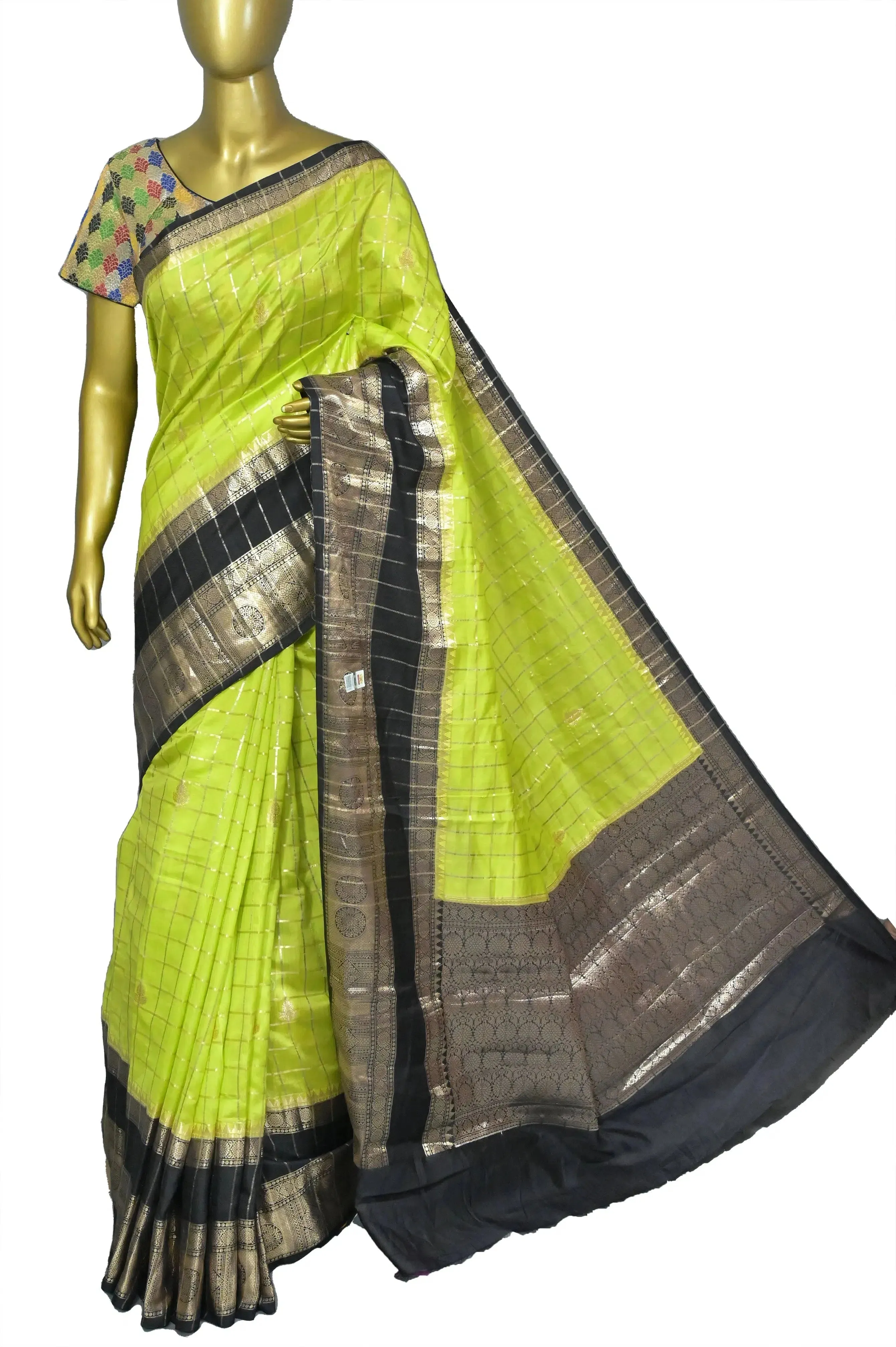 Neon Green Color Mango Silk Banarasi Saree with Silver and Golden Zari Checks and Broad Border