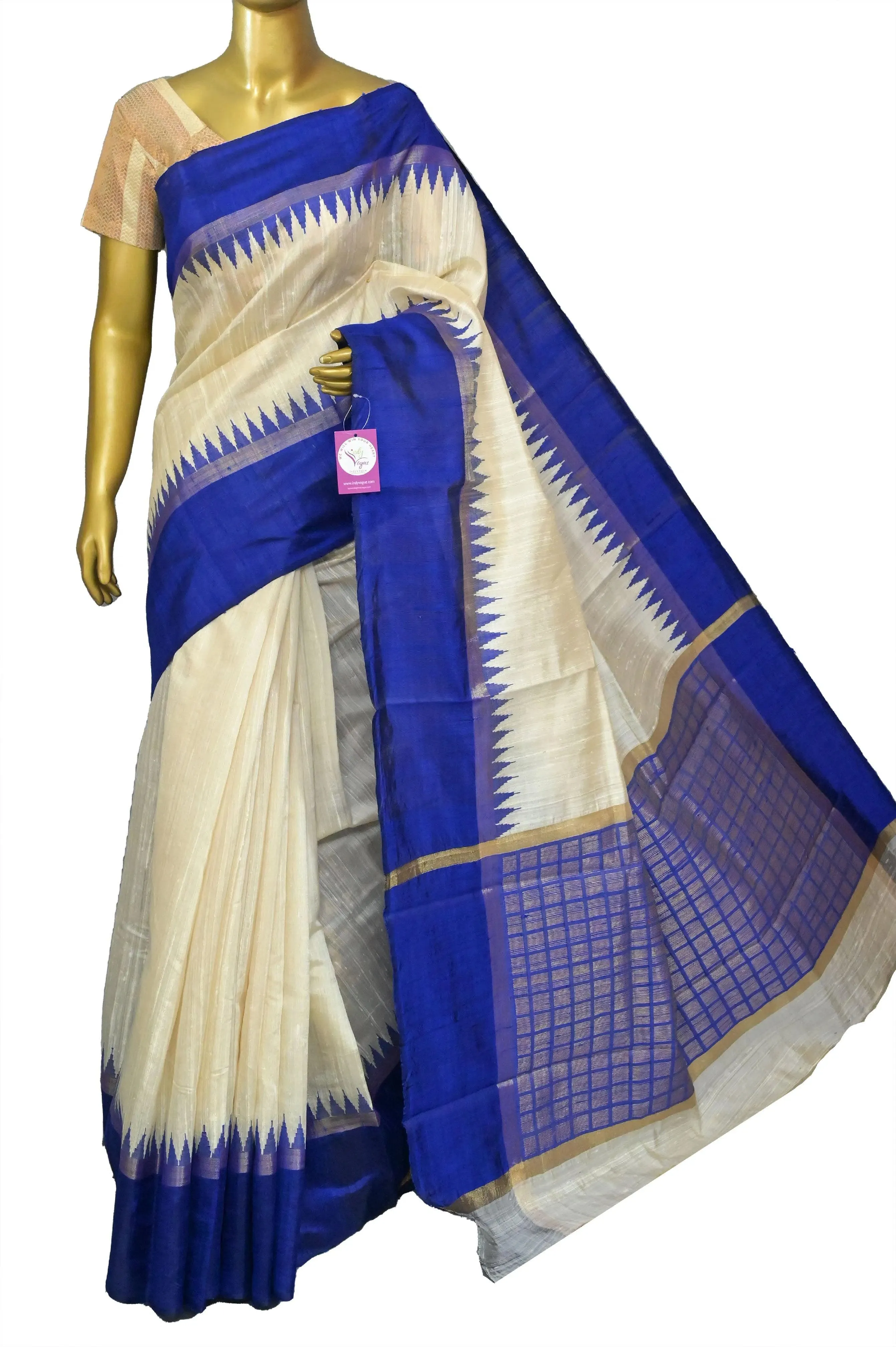 Offwhite and Blue Color Raw Silk Saree with Temple Border