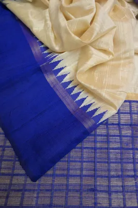 Offwhite and Blue Color Raw Silk Saree with Temple Border