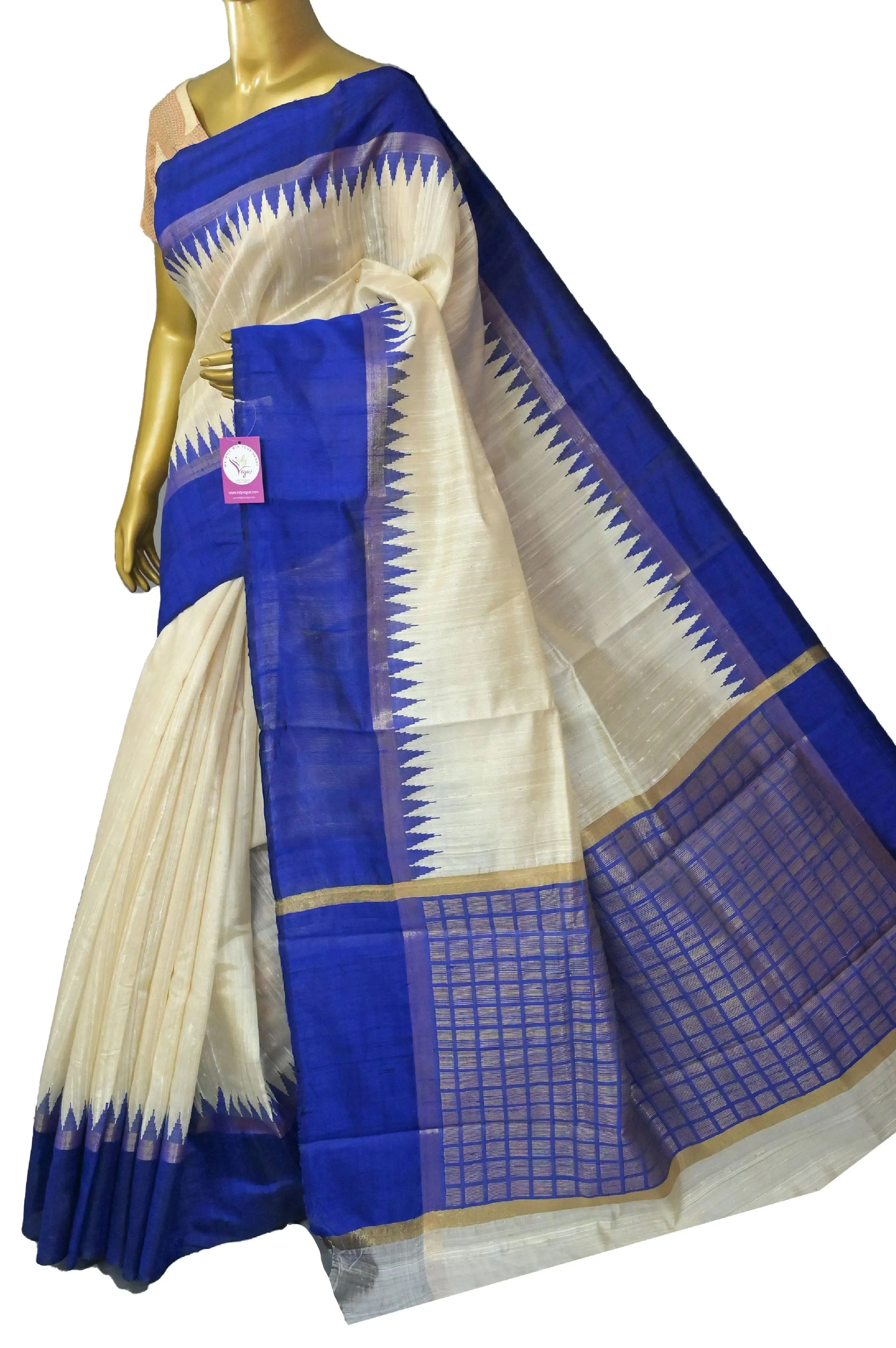 Offwhite and Blue Color Raw Silk Saree with Temple Border