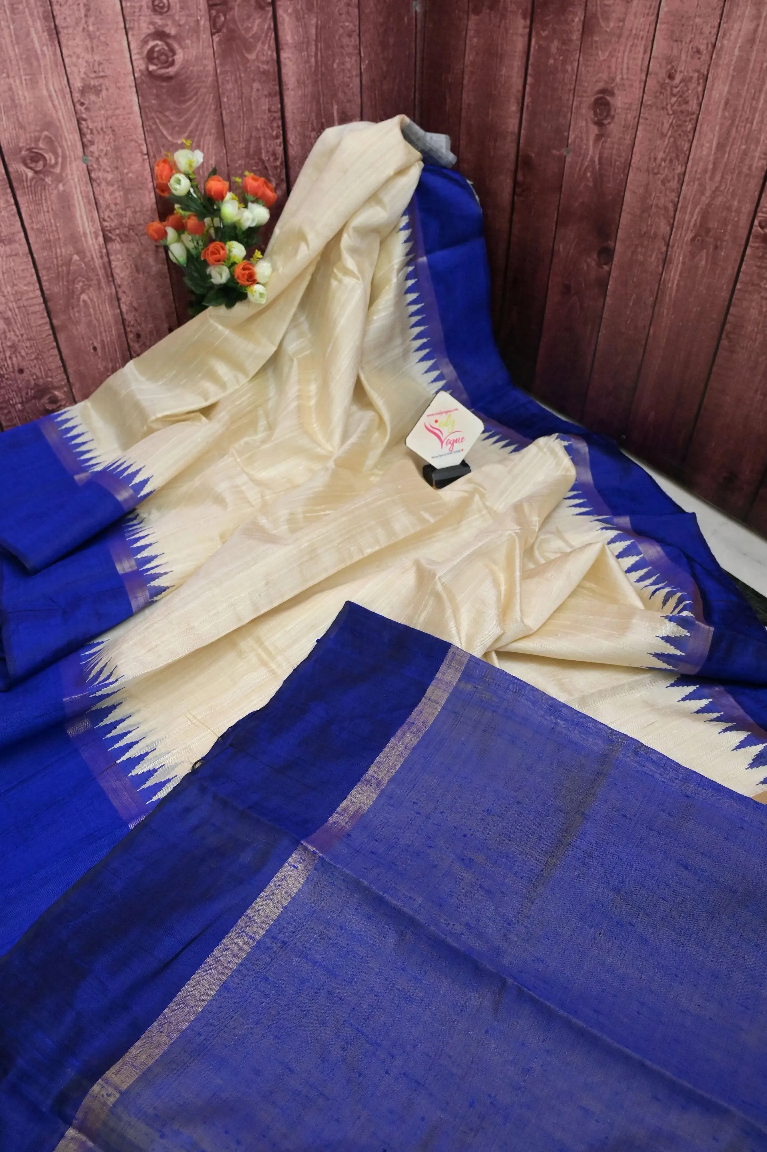 Offwhite and Blue Color Raw Silk Saree with Temple Border