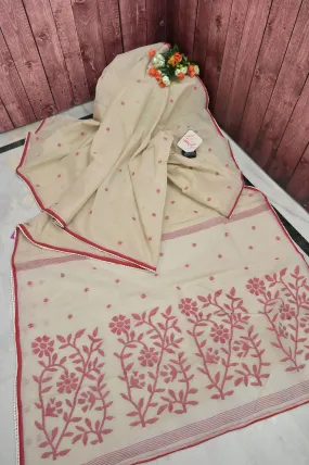 Offwhite and Red Color Jamdani with Piping and Lace Border