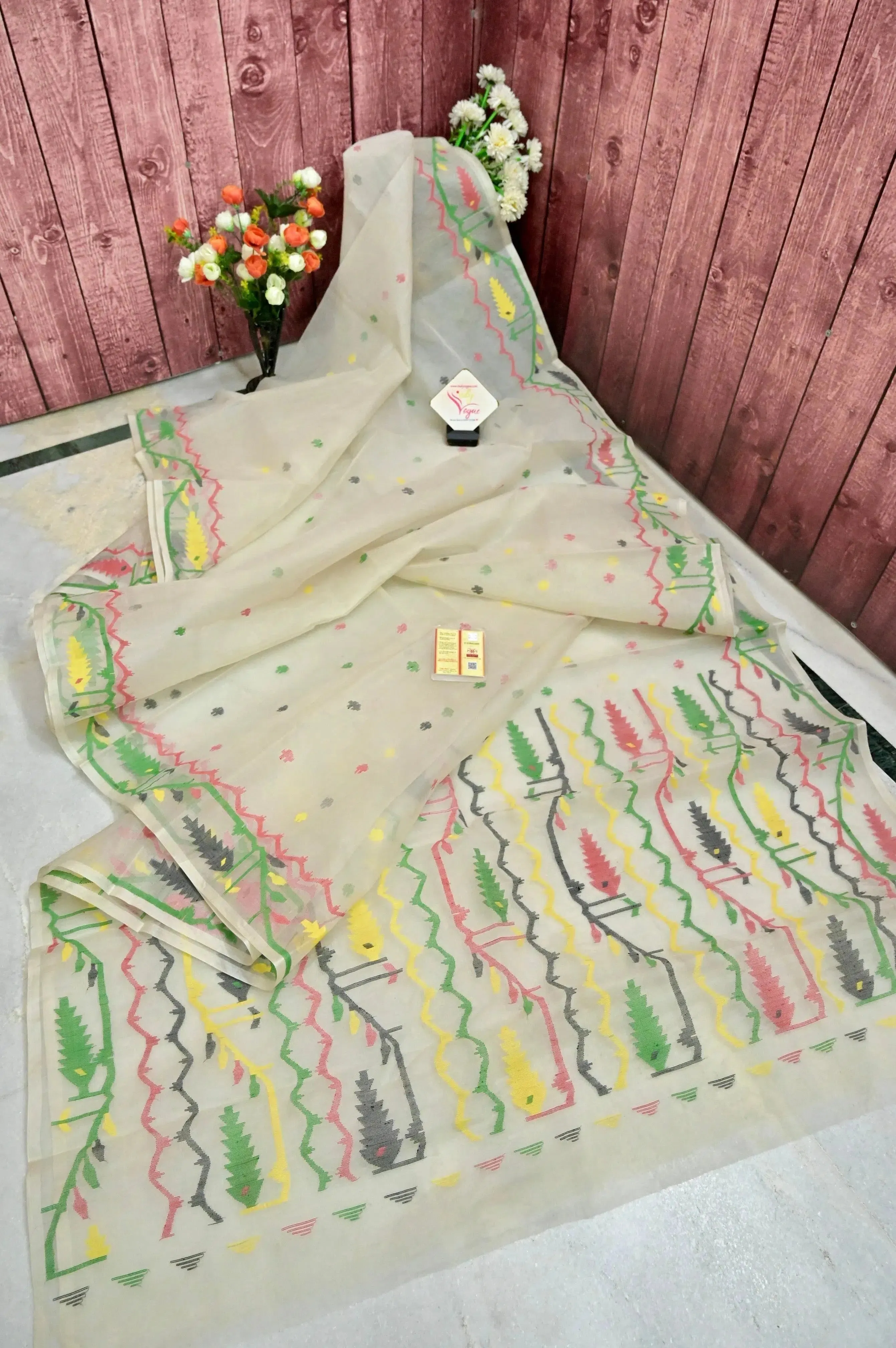 Offwhite Color Pure Muslin Saree with Multicolor Jamdani Weaving