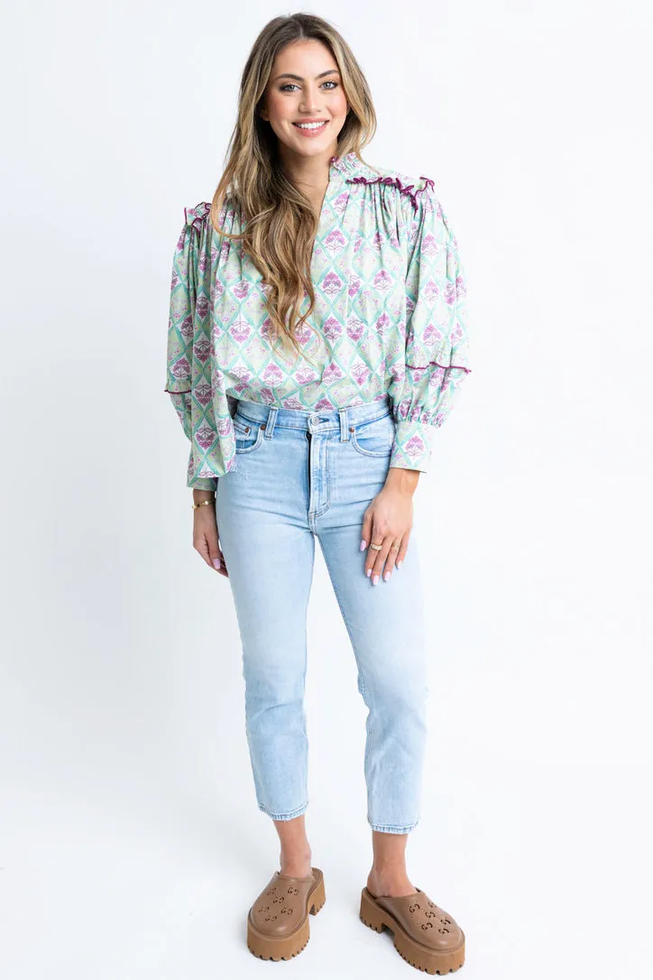 Paris Floral Poplin Ruffle Top