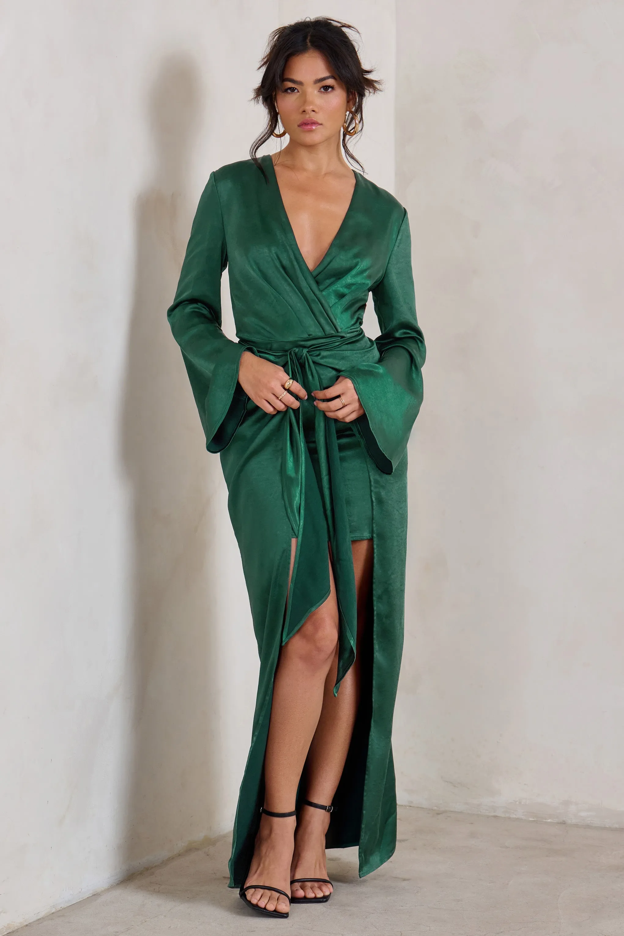 Patricia | Green Extreme Plunge Long Sleeve Maxi Dress With Tie Detail