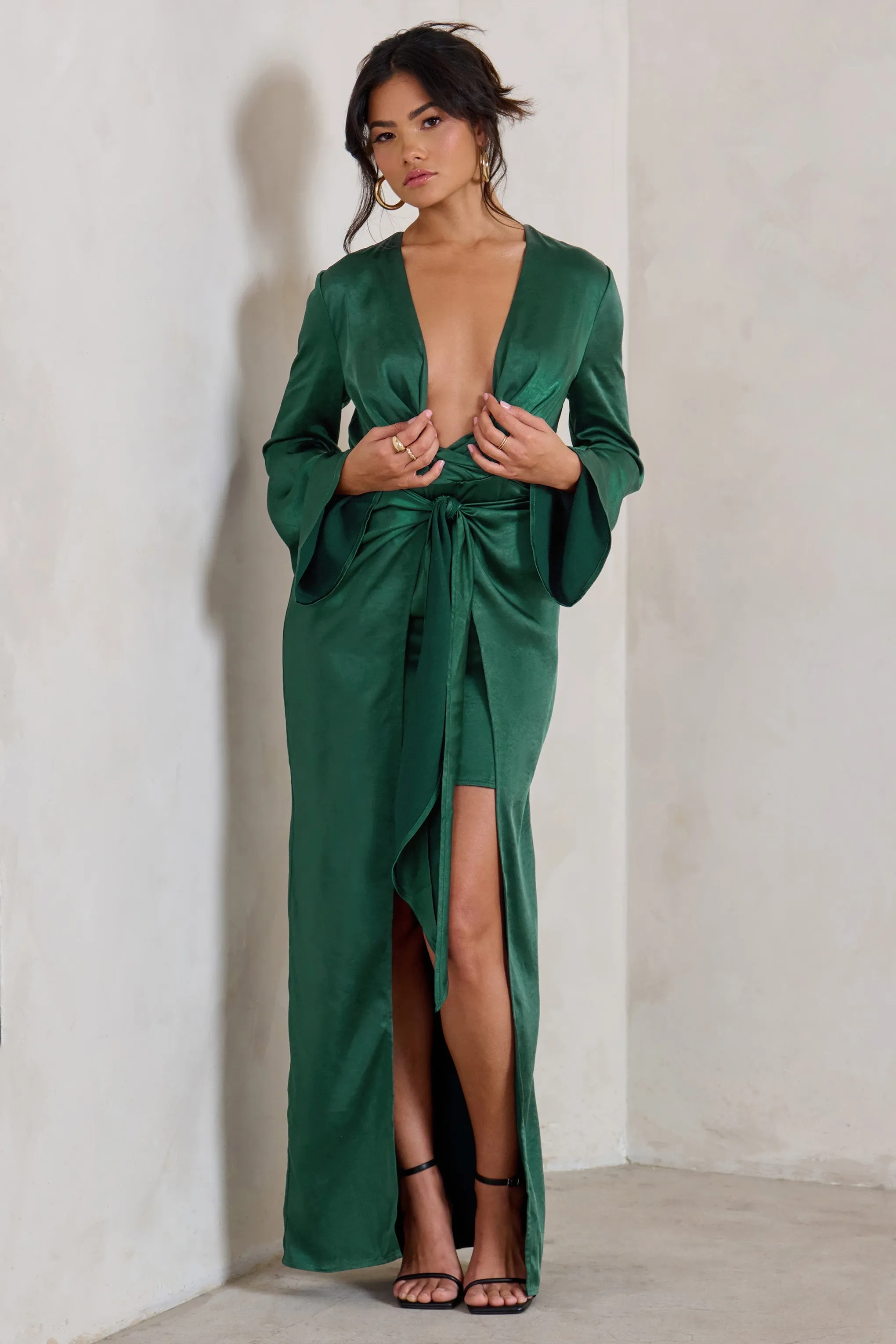 Patricia | Green Extreme Plunge Long Sleeve Maxi Dress With Tie Detail