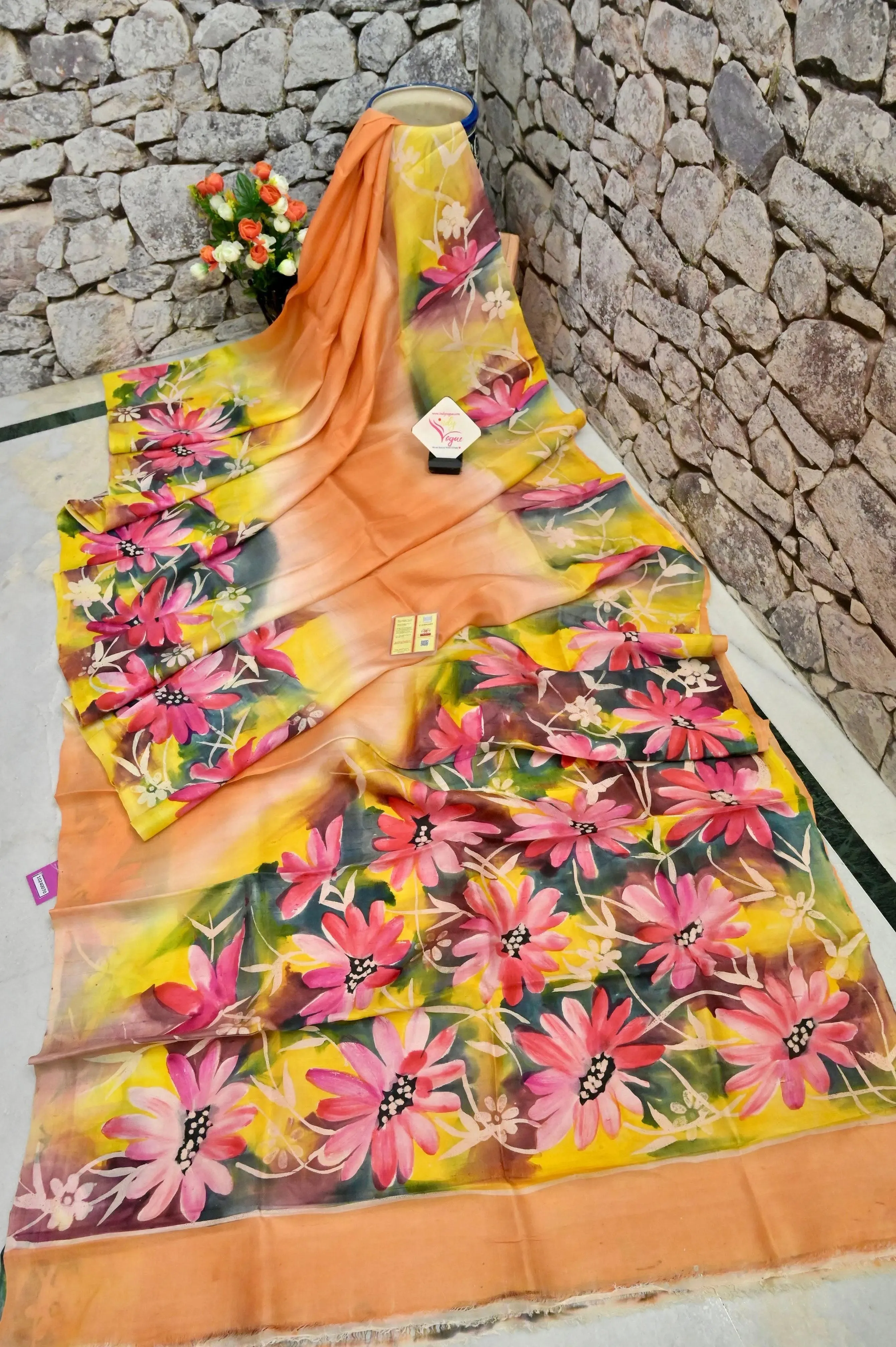 Peach and Multicolored Pure Bishnupur Silk Saree with Hand Painted Work