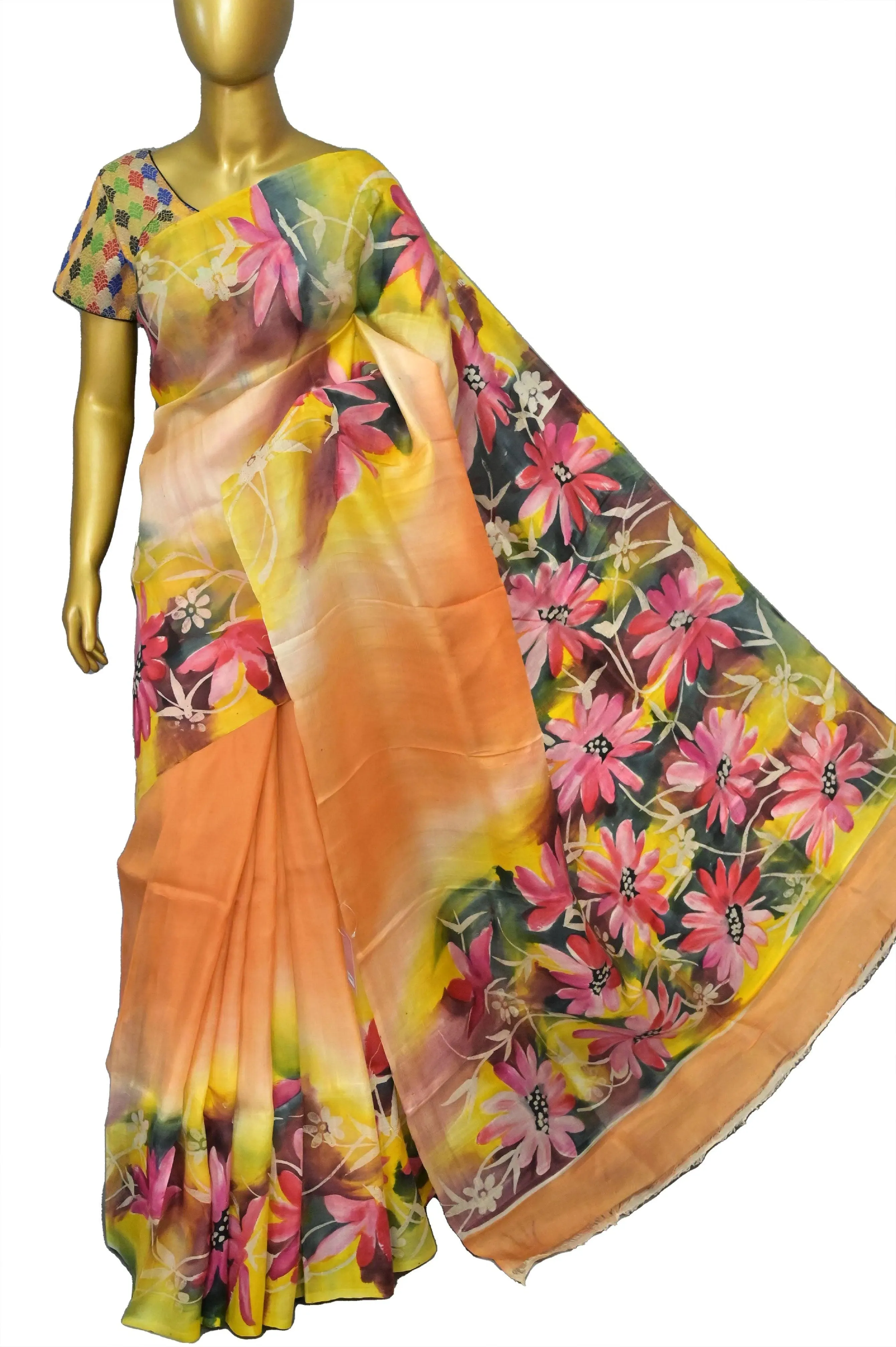 Peach and Multicolored Pure Bishnupur Silk Saree with Hand Painted Work